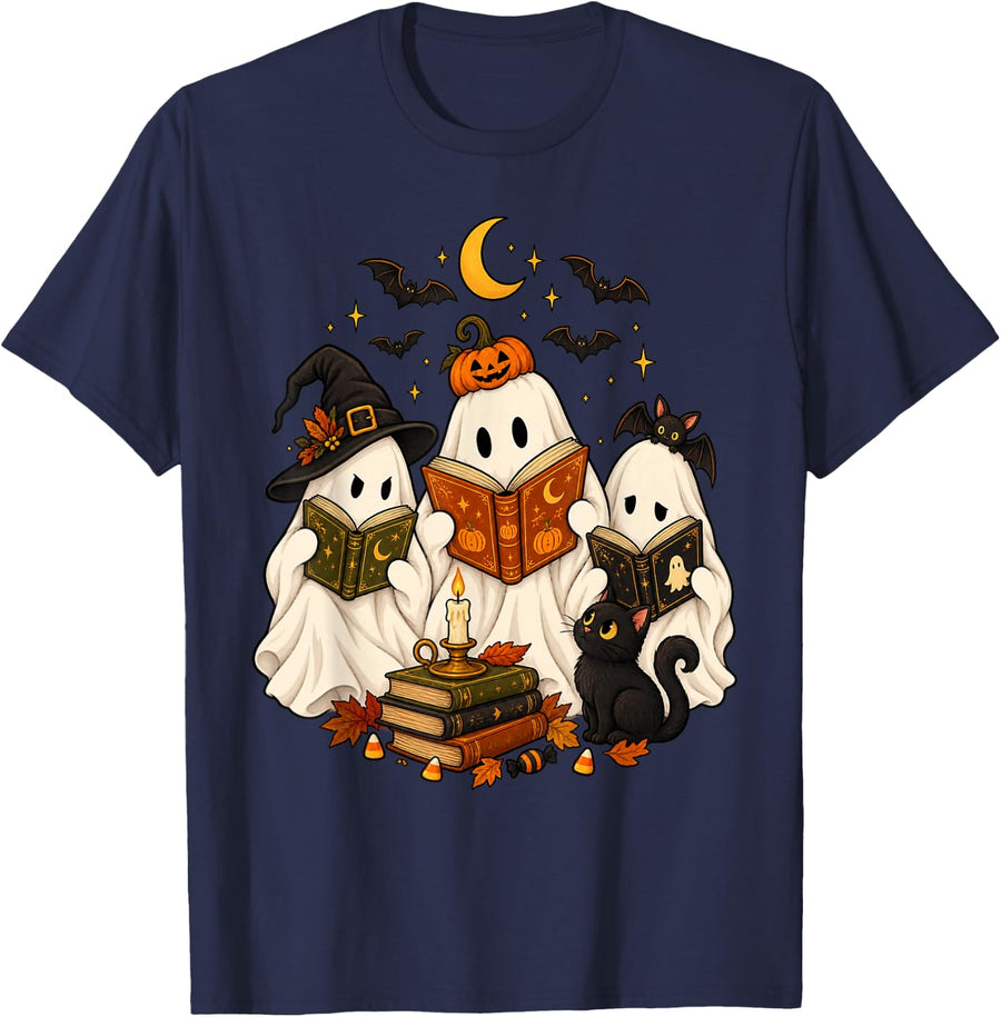 Funny Three Ghost Reading Books Black Cat Bookworm Librarian T-Shirt - Navy Blue