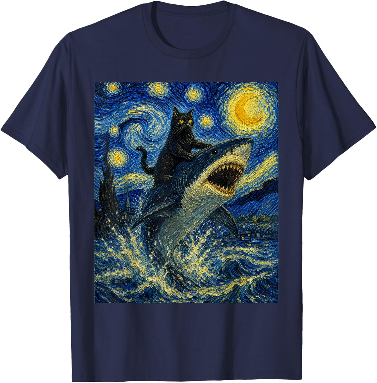 Cat Riding Shark Starry Night Van Gogh Funny Art Parody Tee T-Shirt - Navy Blue
