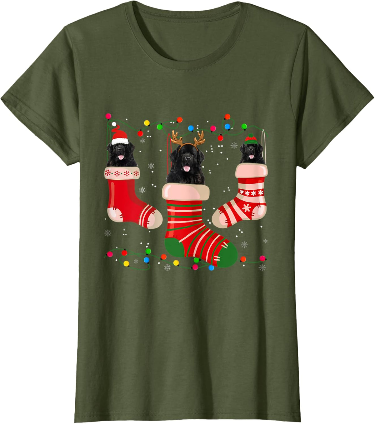 Fun Newfoundland Stocking Christmas Light Socks Xmas T-Shirt - Olive Green