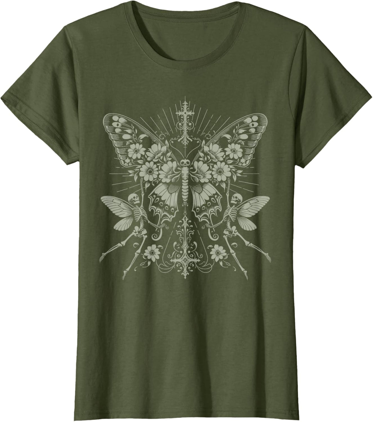 Y2K Grunge Aesthetic Goth Skeleton Cross Gothic Butterfly T-Shirt - Olive Green