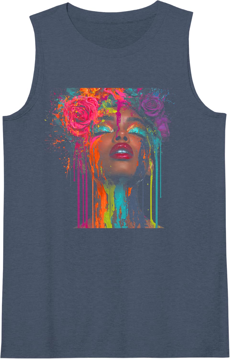 Women's Afro Black Queen Floral Color Painted Face Dripping Women Sleeveless Tank Top - Navy Blue