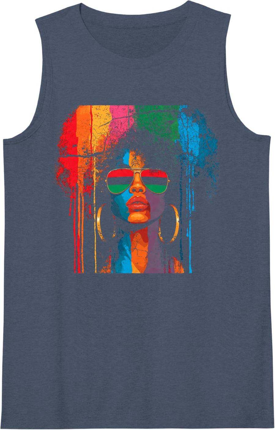 Women's African American Woman Afro Sunglasses Colorful Paint Drips Sleeveless Tank Top - Navy Blue