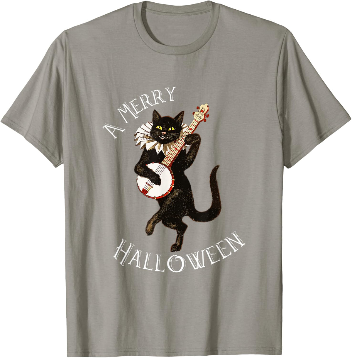 Vintage Black Cat Merry Halloween Not Scary Mens Womens T-Shirt - Slate Grey