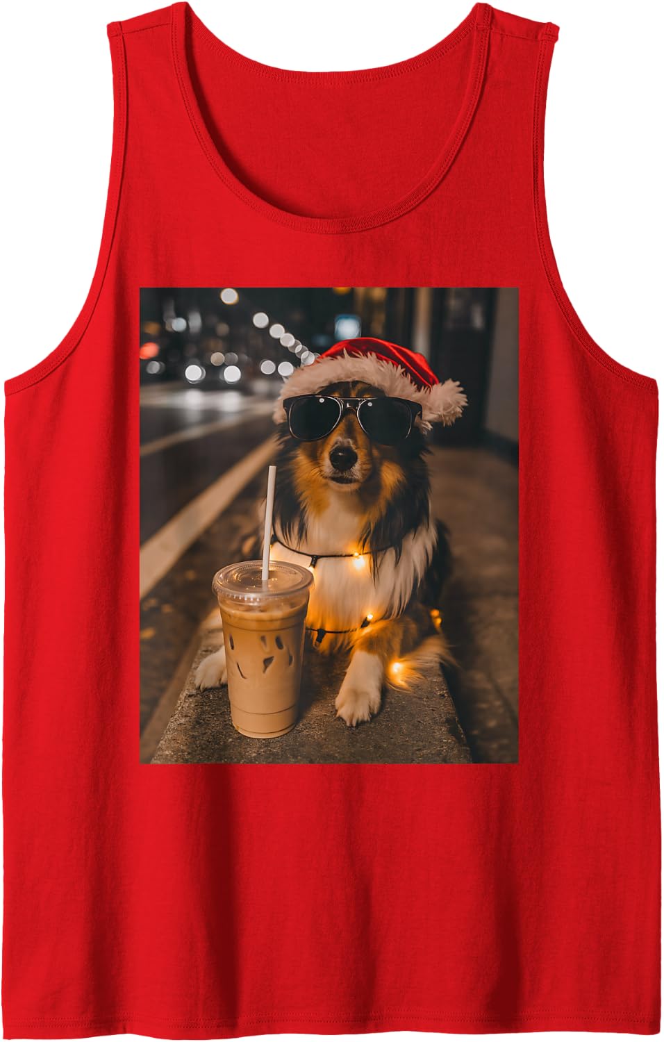 Sheltie Drinking Iced Coffee Santa Dog Lovers Christmas Sleeveless Tank Top - Red
