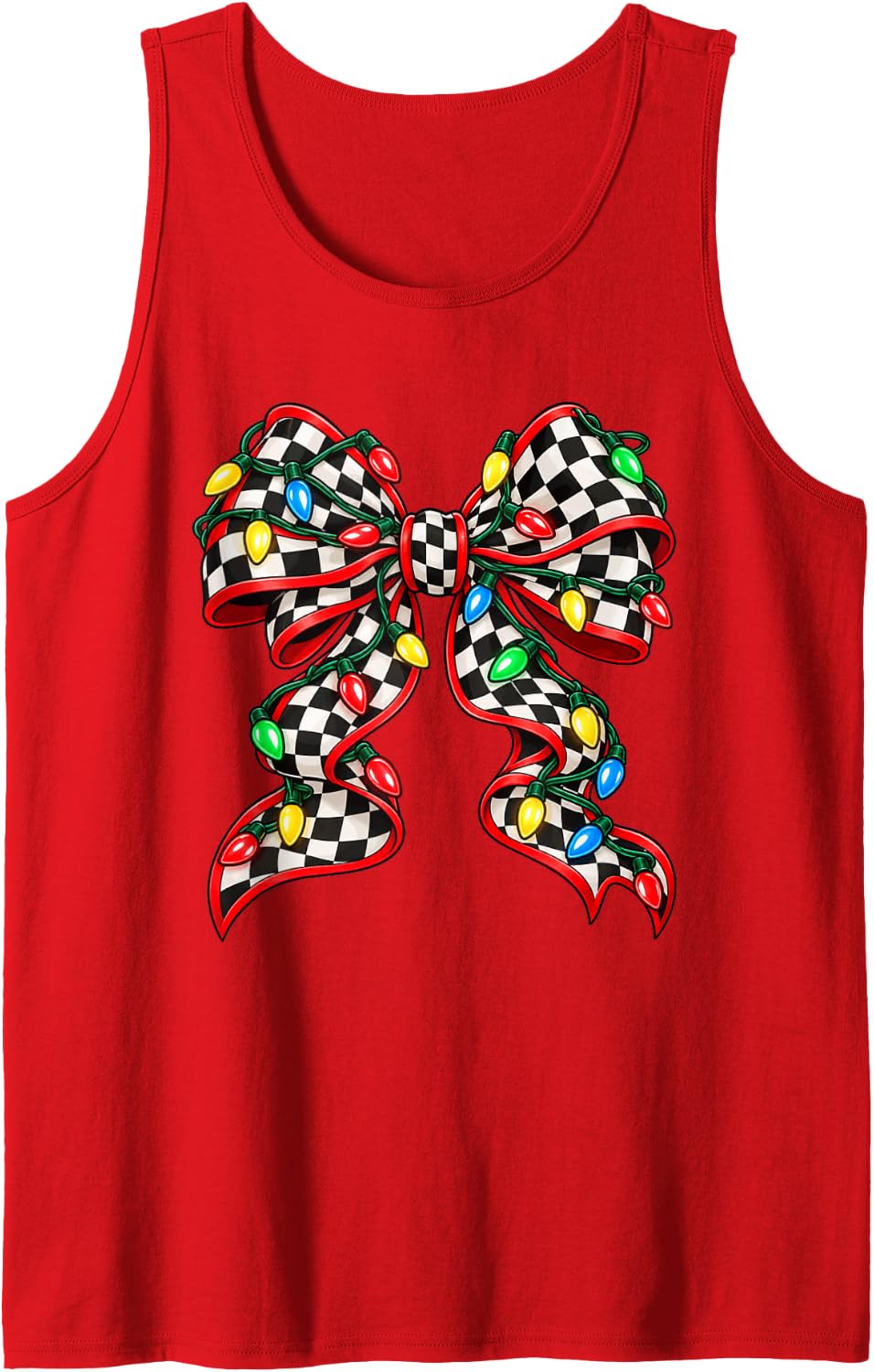 Christmas Racing Bow Checker Flag String Lights Race Fan Sleeveless Tank Top - Red
