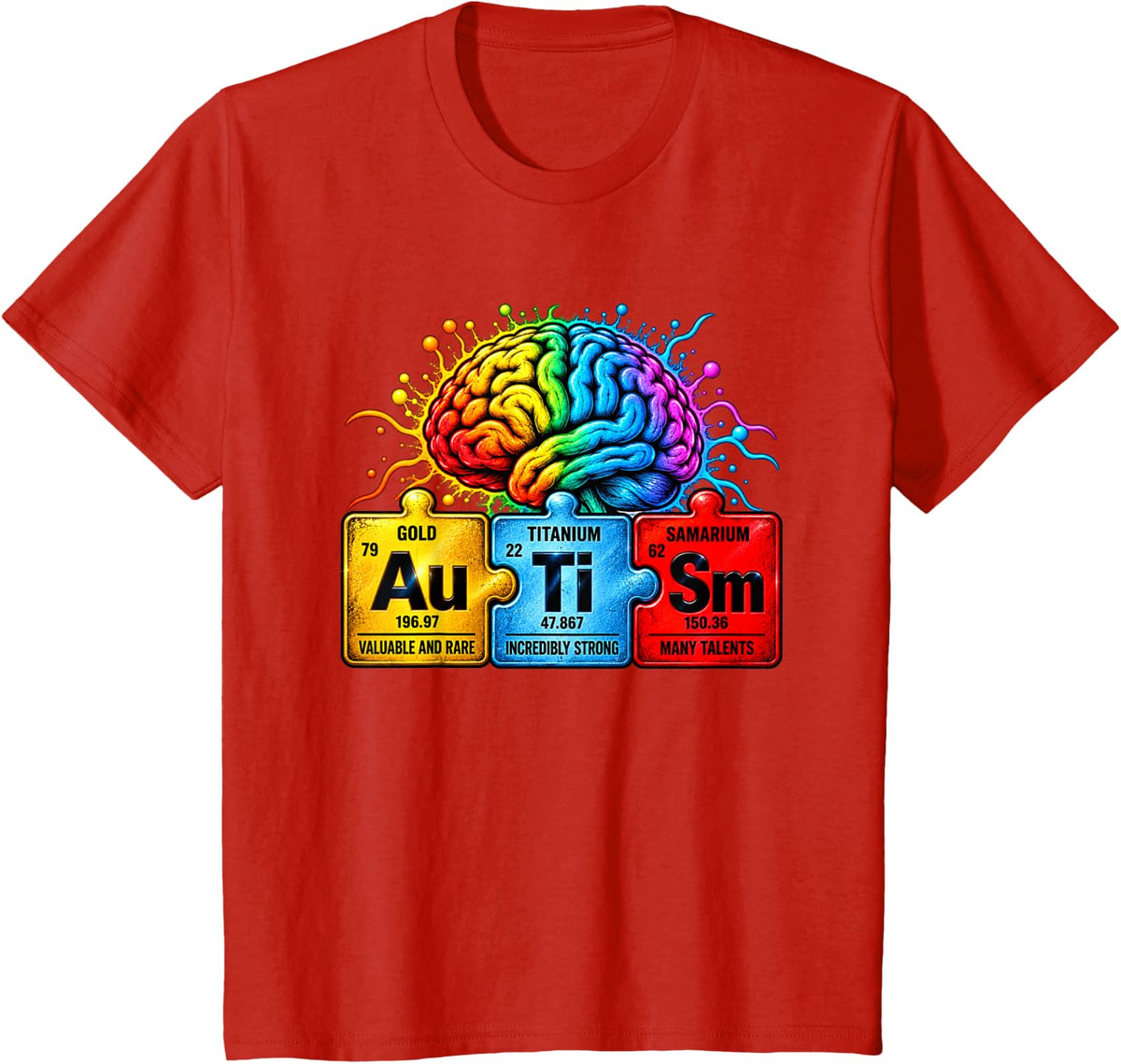 Neurodiversity Rainbow Brain Autism Puzzle Chemistry T-Shirt - Red
