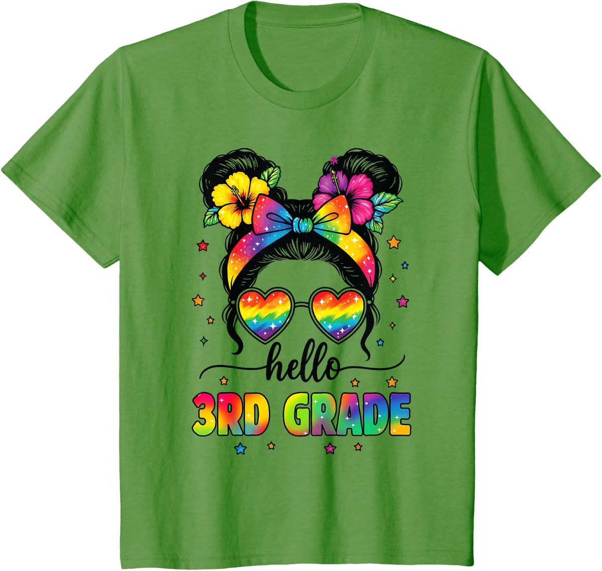 Hello 3rd Grade Messy Bun First Day Of School Teacher Kids T-Shirt - Grass Green