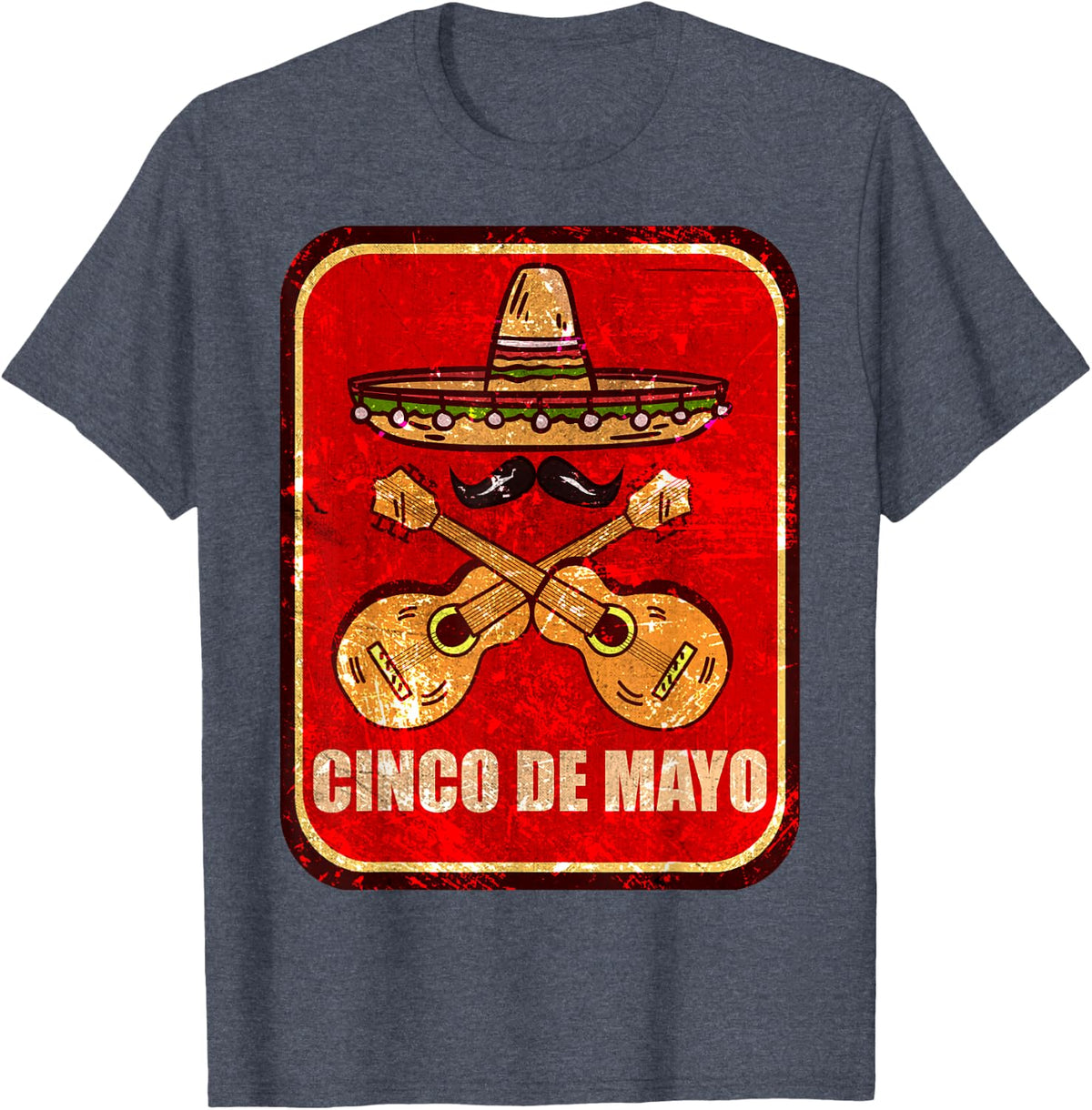 Sombrero Hat Mariachi Guitars Happy Cinco De Mayo T-Shirt - Heather Blue