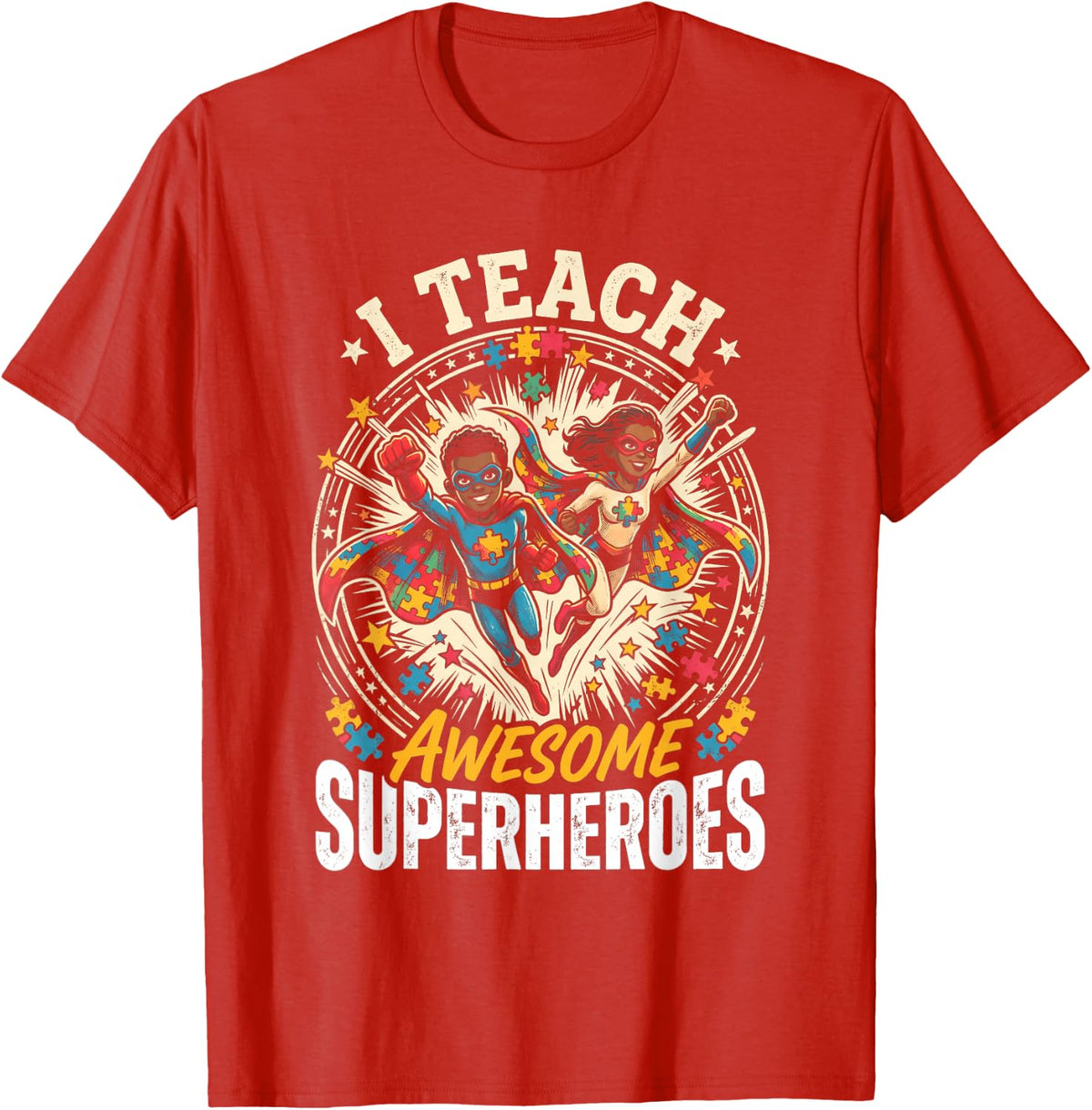 I Teach Awesome Super Heroes SPED Teacher Puzzle Piece Cape T-Shirt - Red