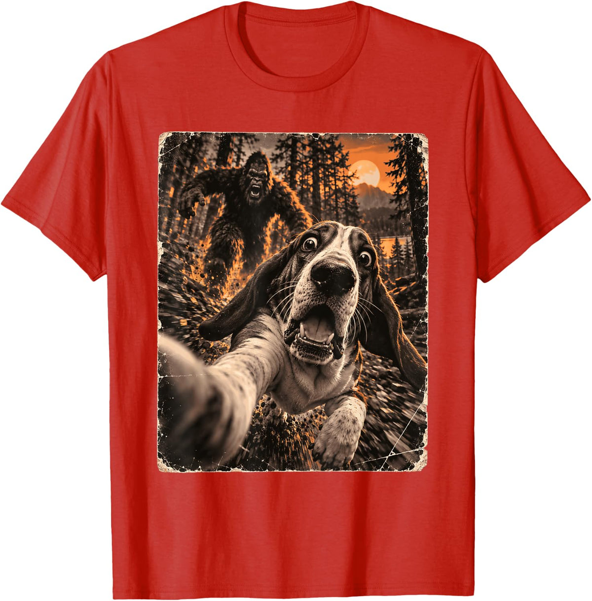 Basset Hound Selfie Running from Bigfoot Funny Forest T-Shirt - Red
