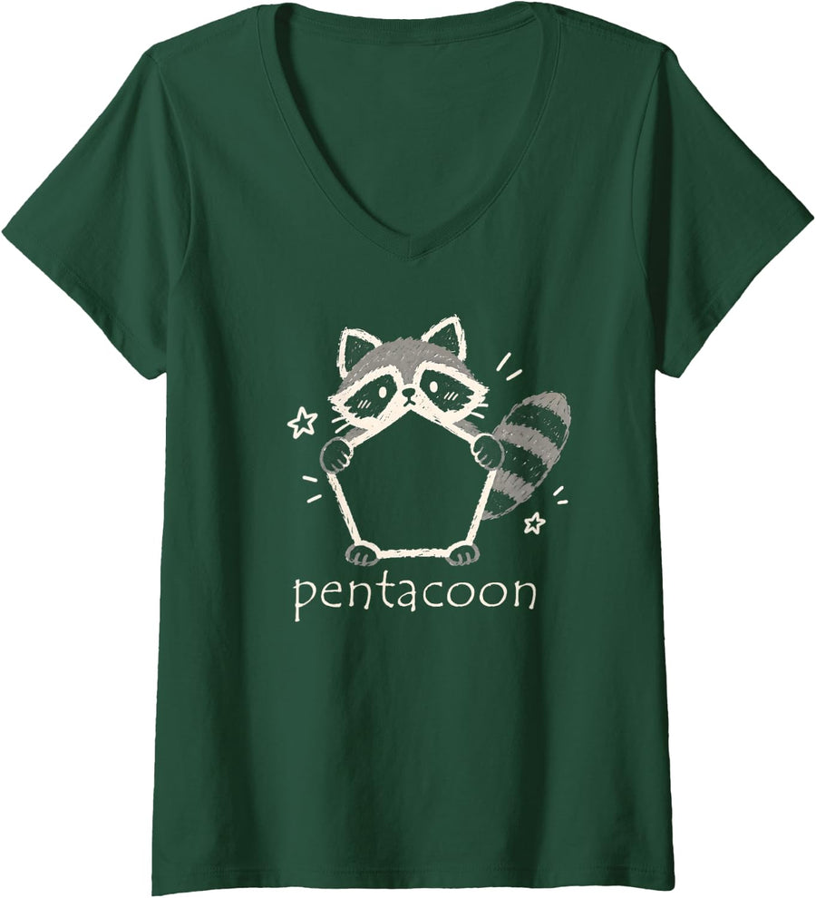 Women's Pentagon Raccoon Pun Pentacoon Geometry Animal Wordplay V-Neck T-Shirt - Dark Green