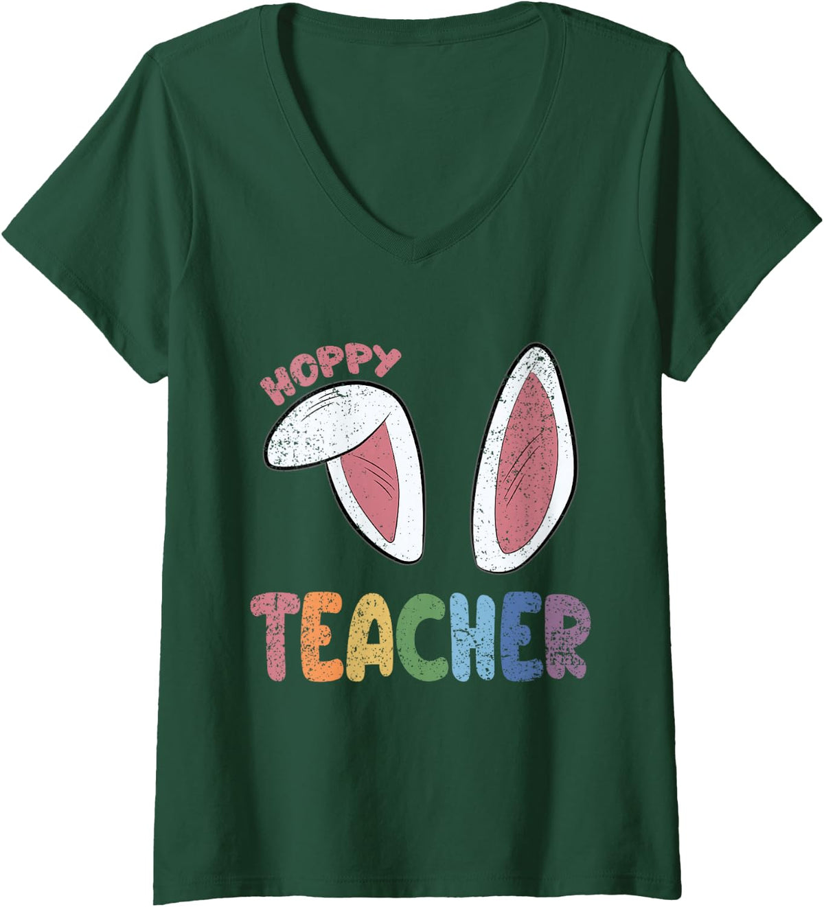 Women's Hoppy Teacher Easter Cute Rabbit Bunny Ears Spring V-Neck T-Shirt - Dark Green