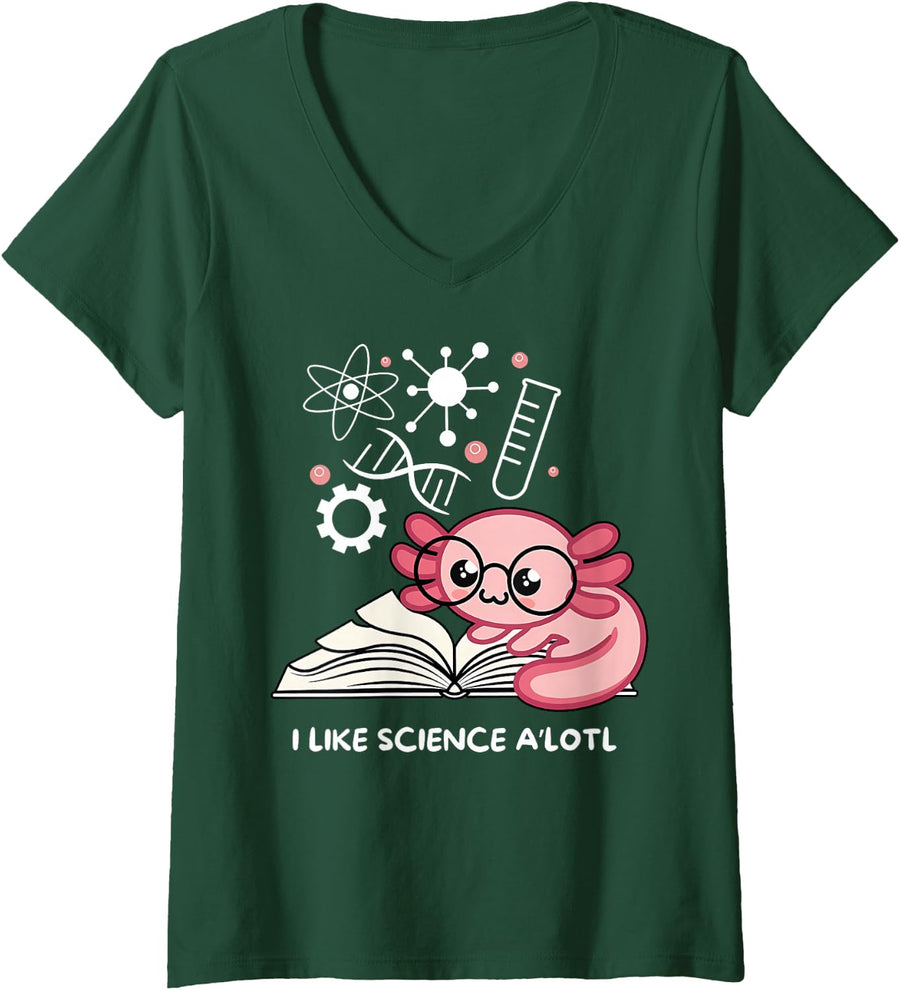 Women's Axolotl I Like Science Axolotl Science Teachers STEM Student V-Neck T-Shirt - Dark Green