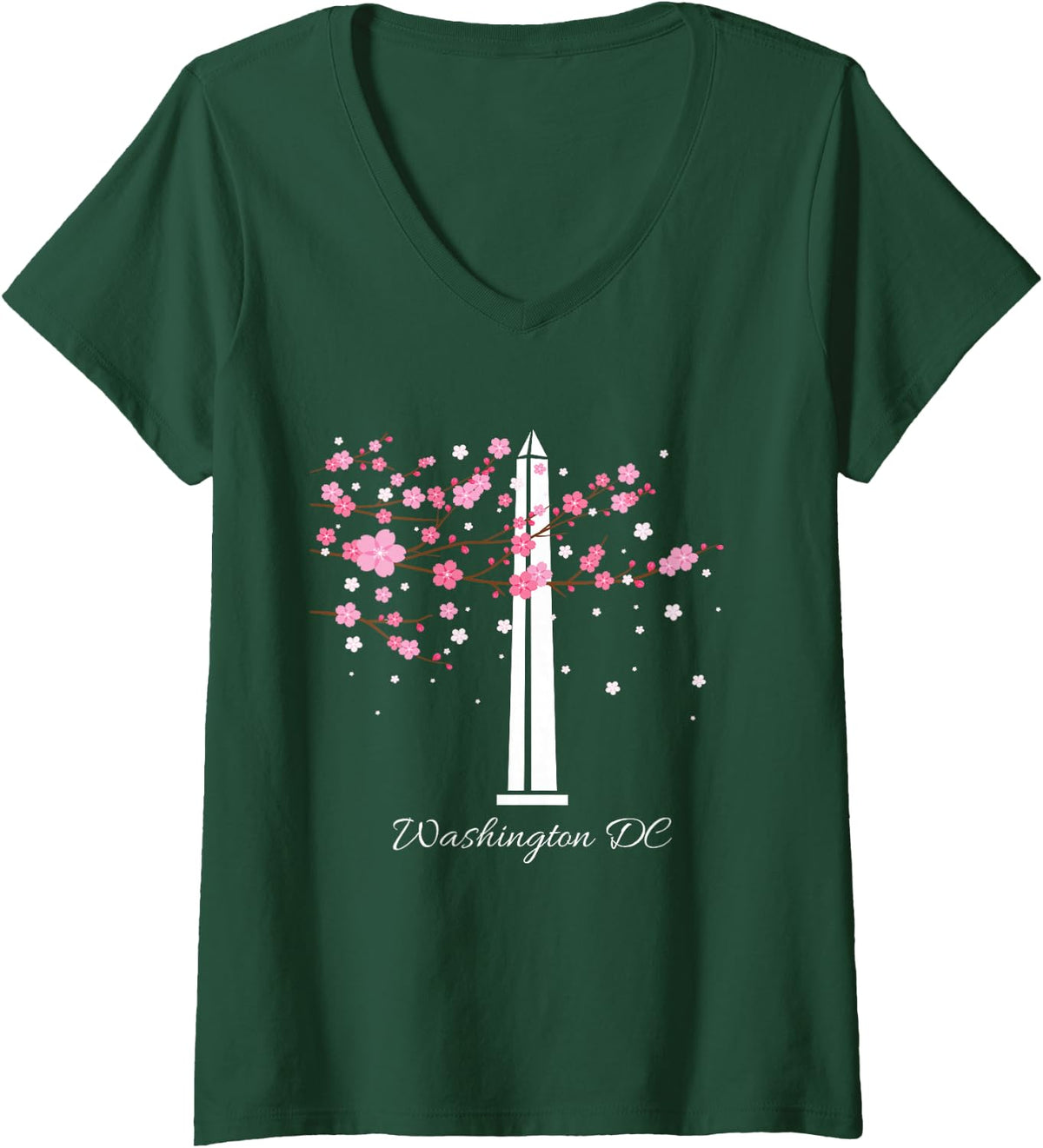 Women's Authentic Washington Monument Cherry Blossom Trees V-Neck T-Shirt - Dark Green