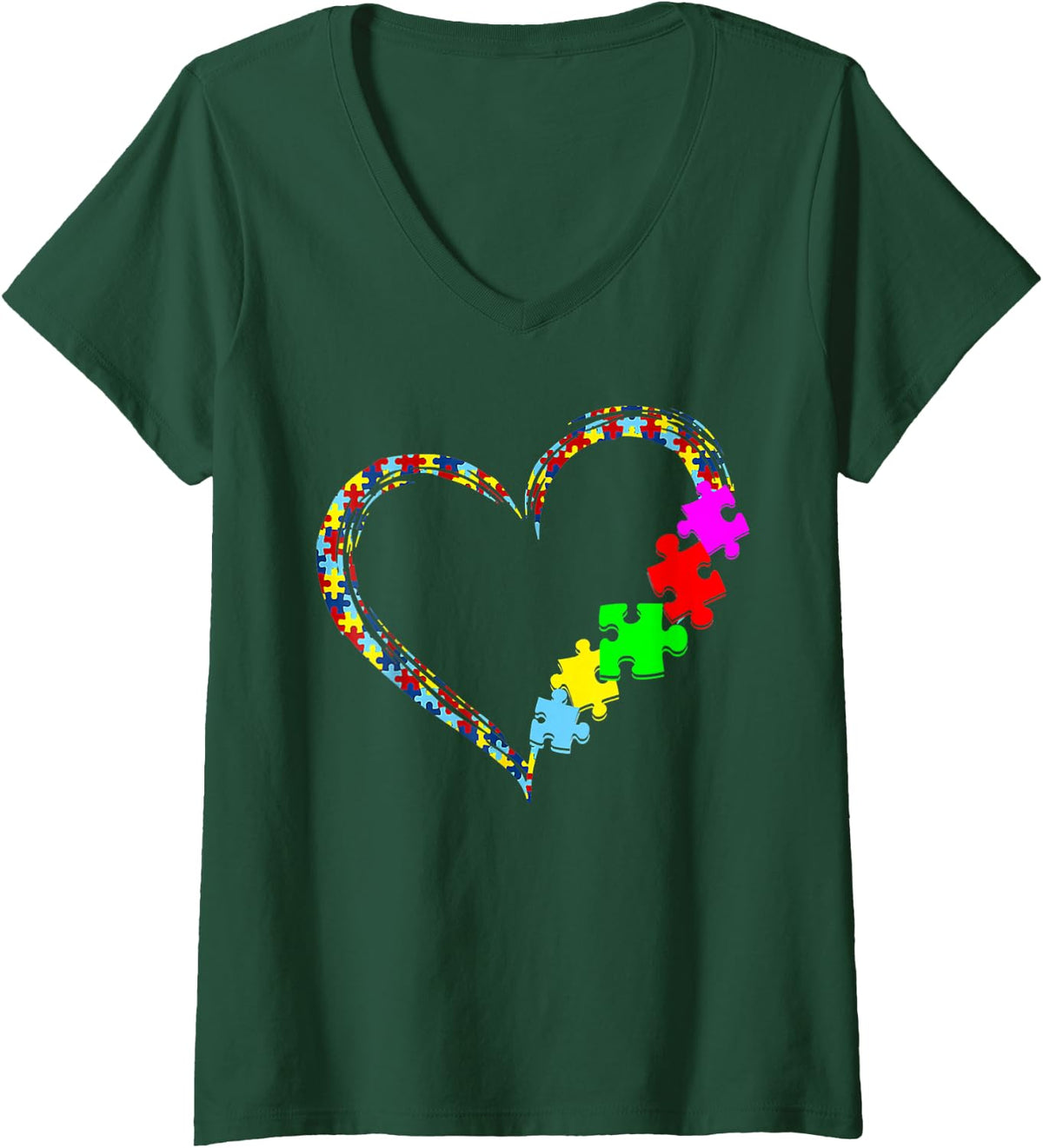 Womens Autism Awareness Love Heart Puzzle Piece Gift Men Women V-Neck T-Shirt - Dark Green