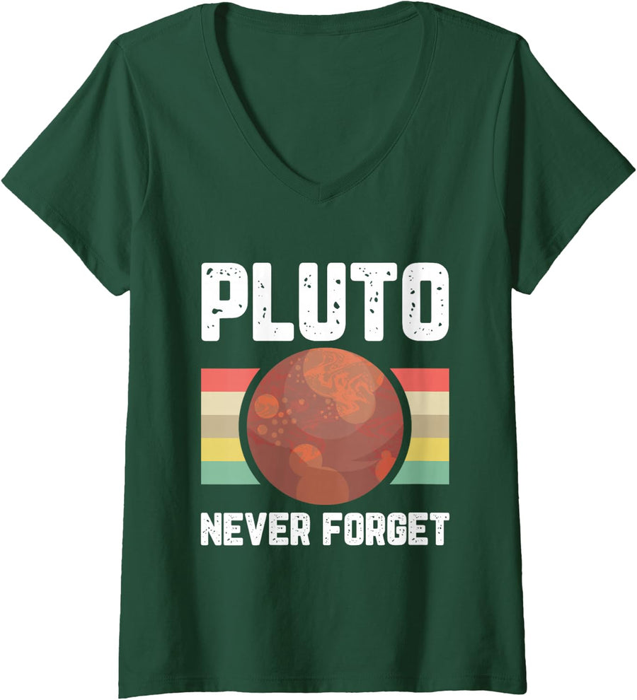 Women's Pluto Never Forget Space Planet Humor Retro Science Gifts V-Neck T-Shirt - Dark Green