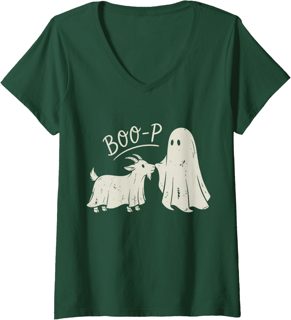 Women's Boo-P Ghost Goat Nose Boop Halloween Costume Animal Lover V-Neck T-Shirt - Dark Green