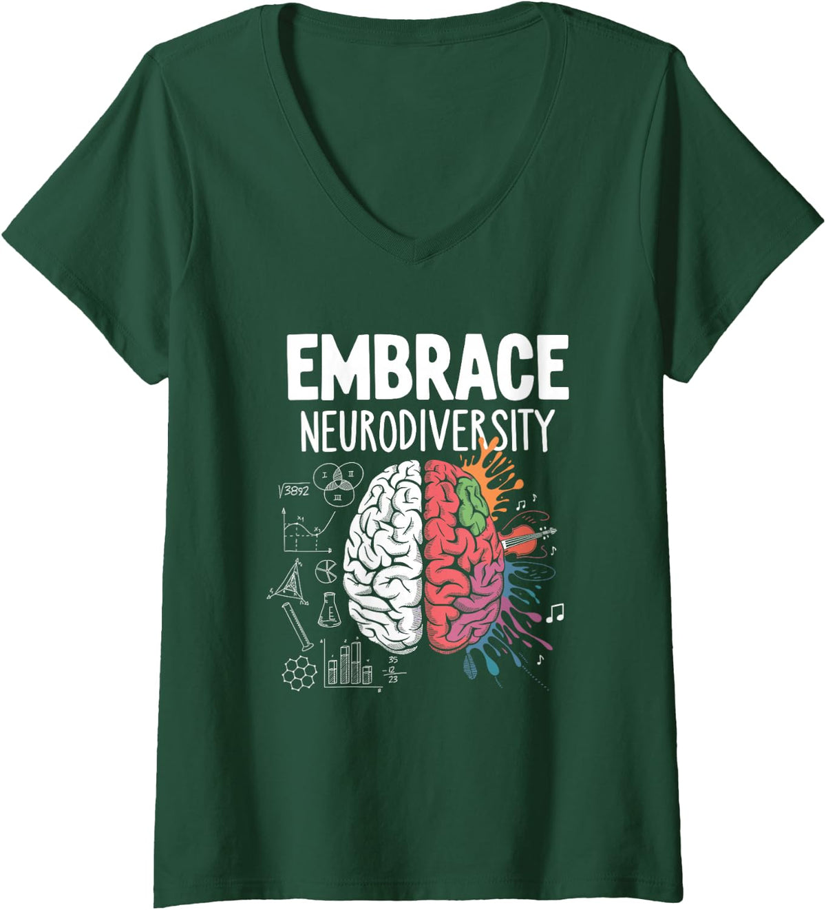 Women's Embrace Neurodiversity Brain Autism Awareness ADHD Autistic V-Neck T-Shirt - Dark Green