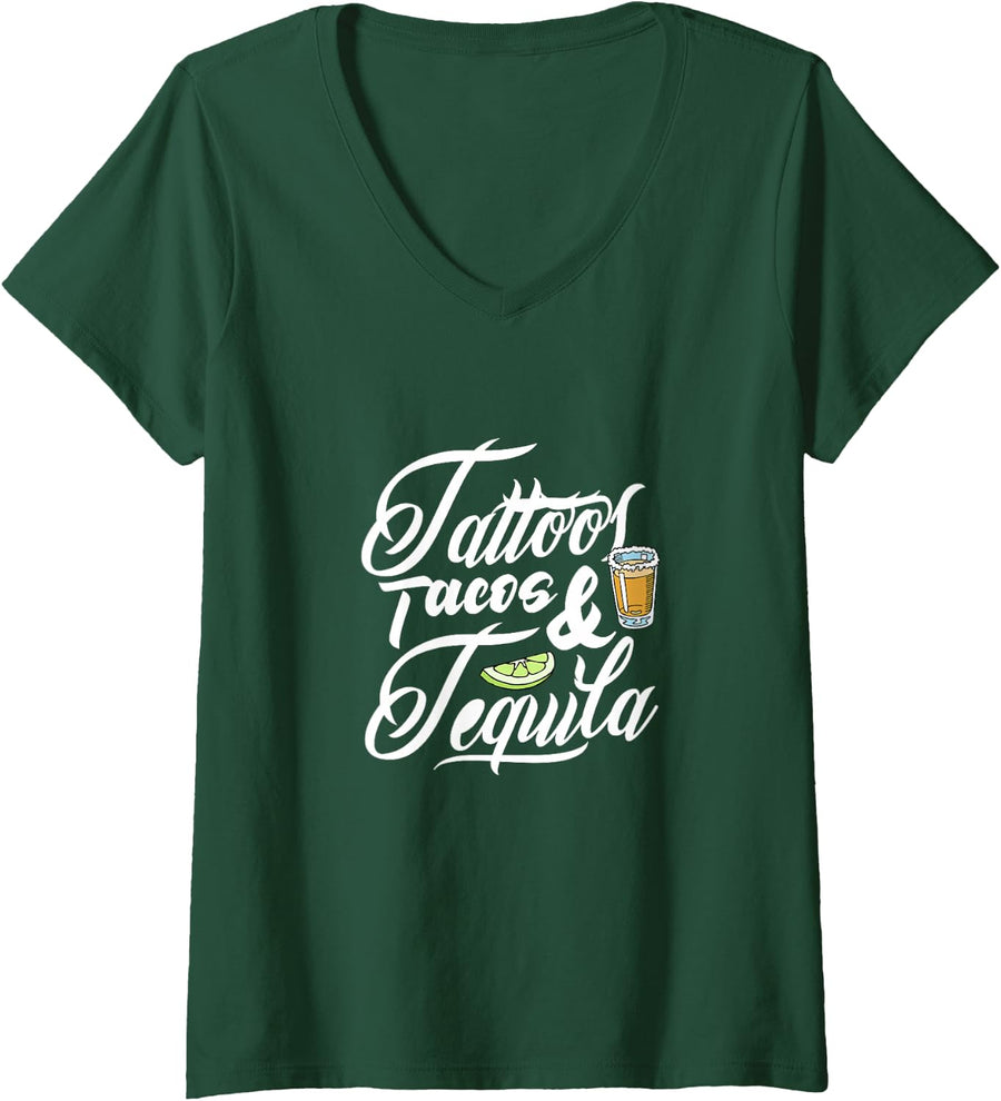 Women's Tattoos Tacos and Tequila Tattoo Artist Drinking V-Neck T-Shirt - Dark Green