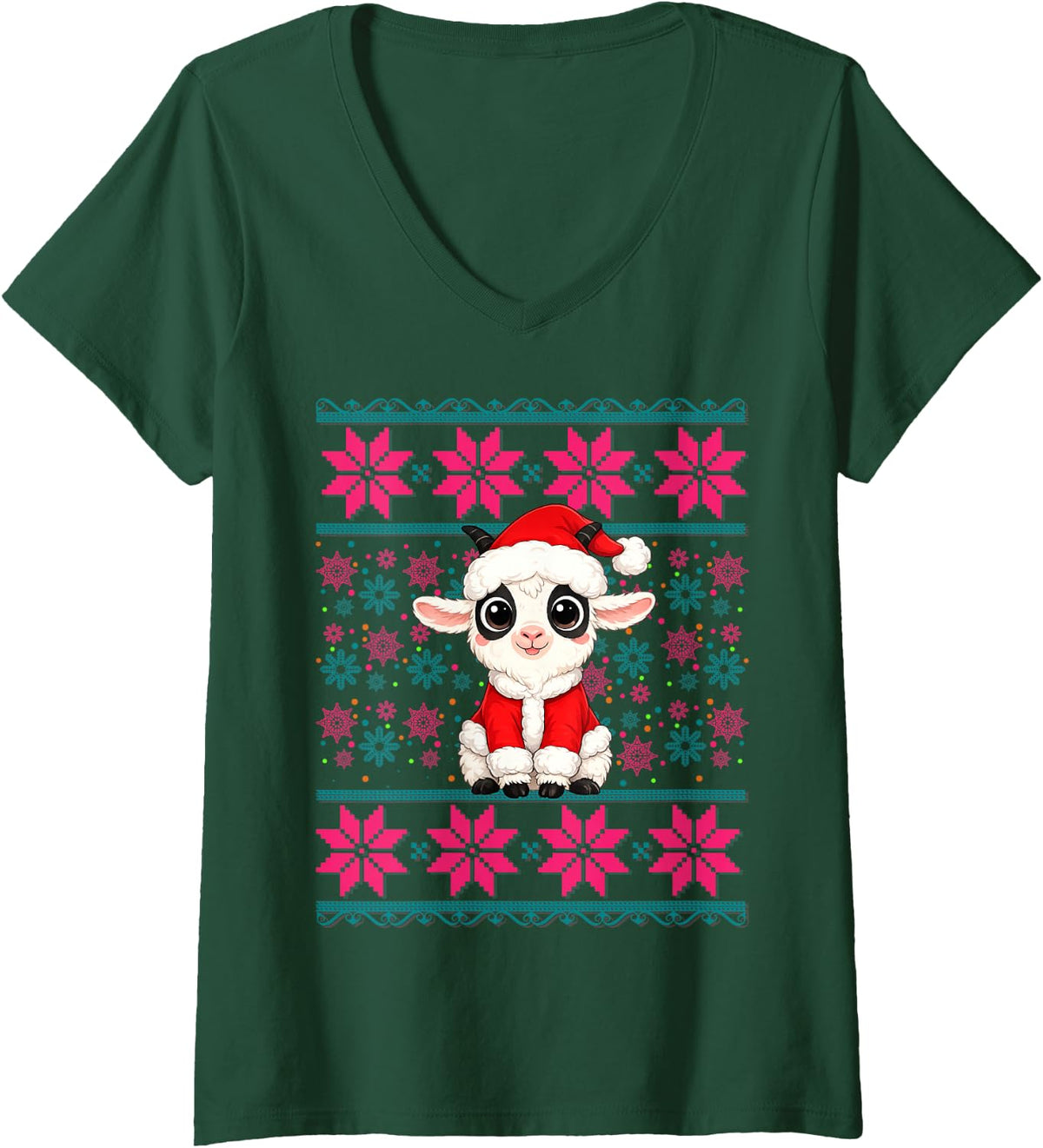 Women's Cute Goat Wearing Santa Hat Ugly Christmas Pajama Girls V-Neck T-Shirt - Dark Green