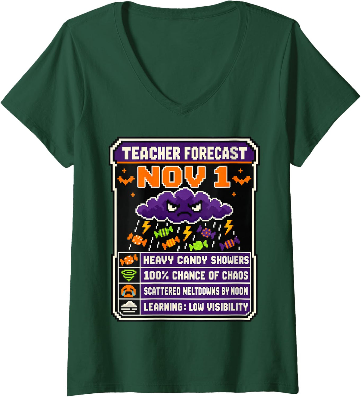 Women's Teacher Forecast Nov 1 Day After Halloween Funny Teacher V-Neck T-Shirt - Dark Green