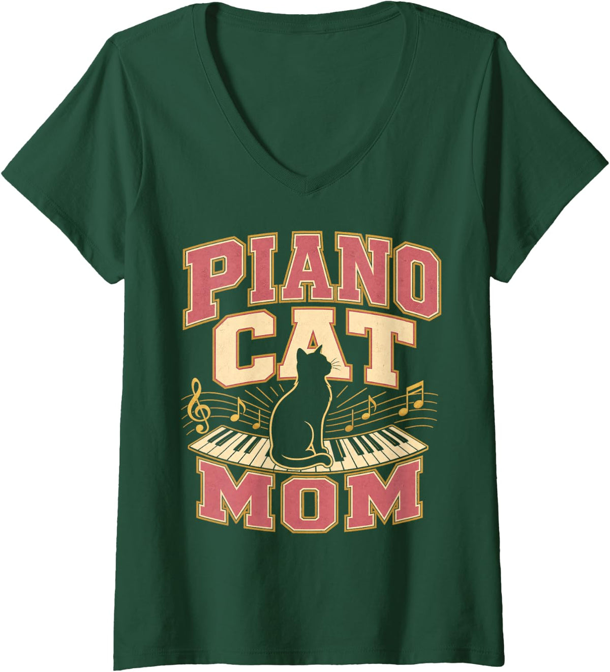 Women's Piano Cat Mom Music Keyboard V-Neck T-Shirt - Dark Green