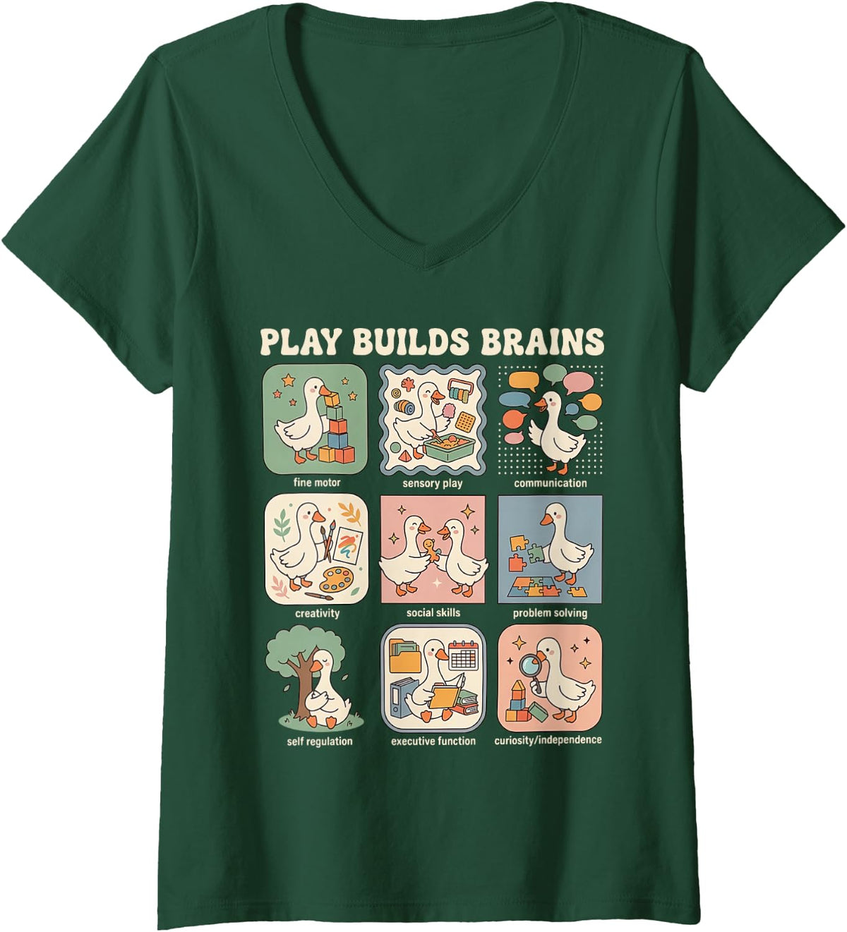 Women's Play Builds Brains Goose Special Education Teacher Autism V-Neck T-Shirt - Dark Green