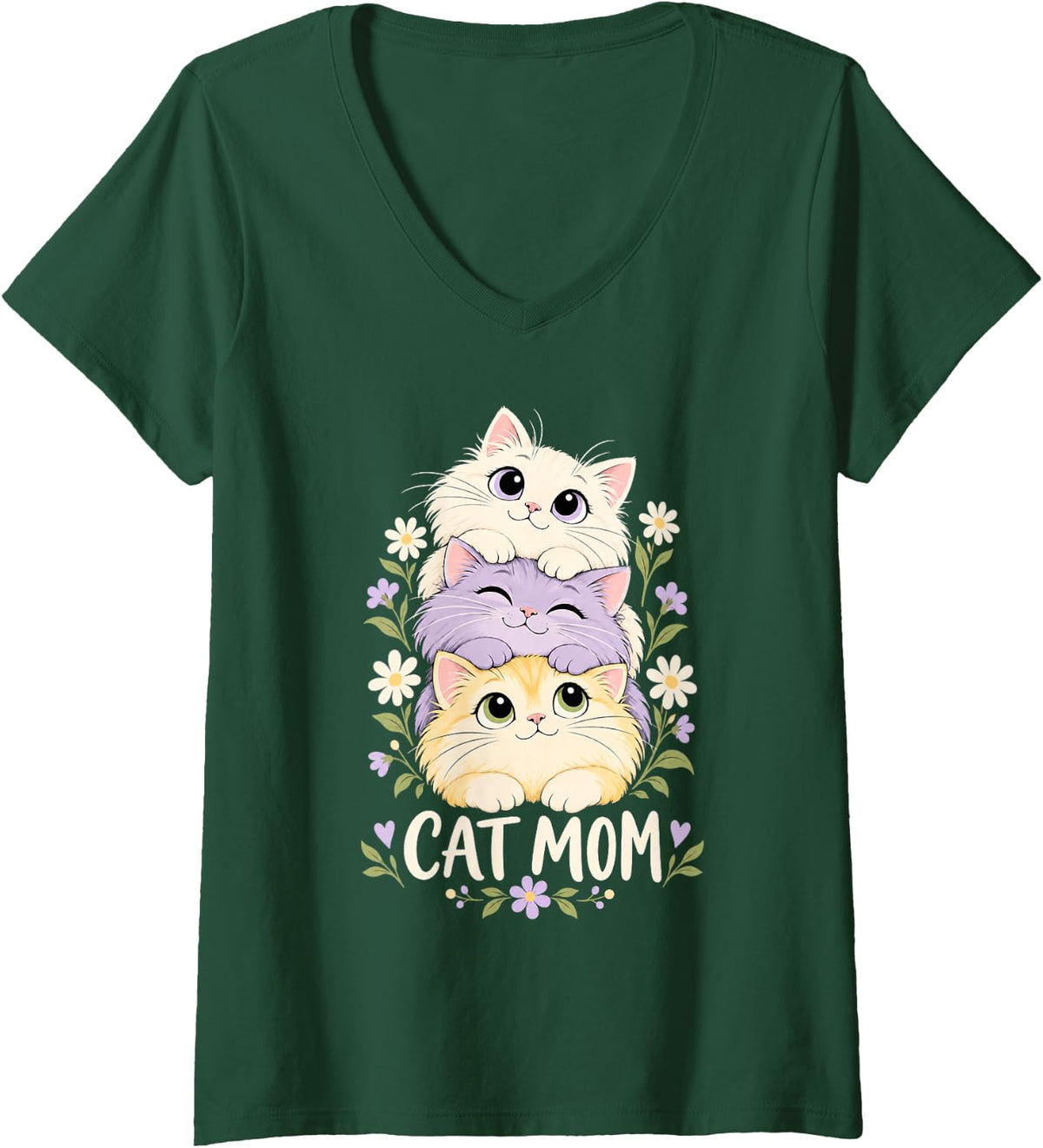 Women's Cute Cat Mom Floral Kittens Mother Cat Lover V-Neck T-Shirt - Dark Green