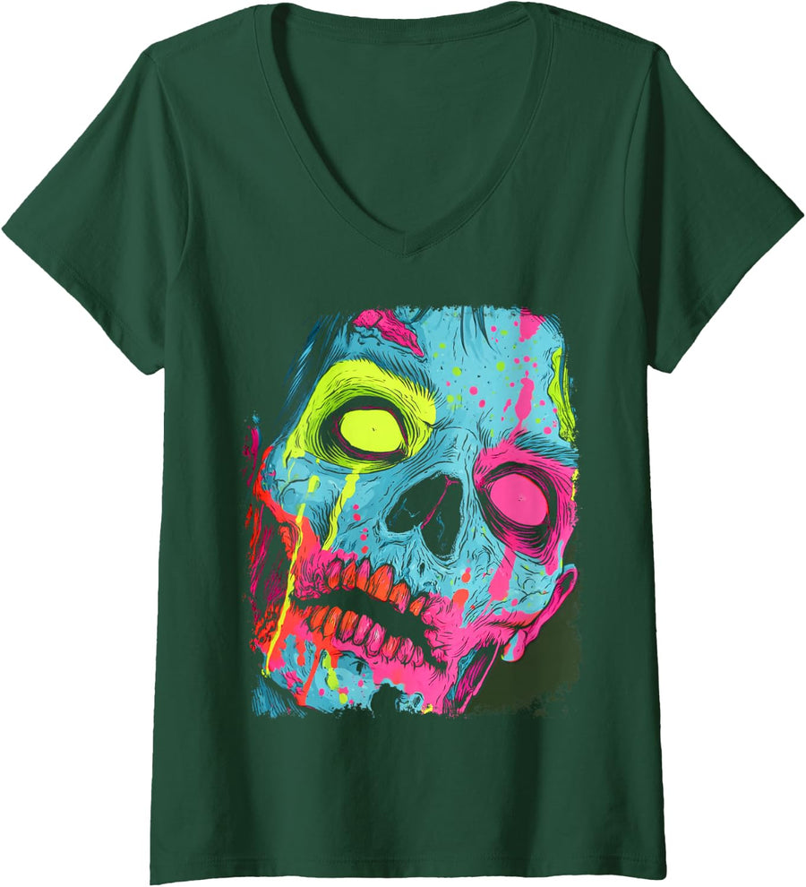 Women's Feminine Zombie Fashion Designer Girly Tops Colorful Women's V-Neck T-Shirt - Dark Green