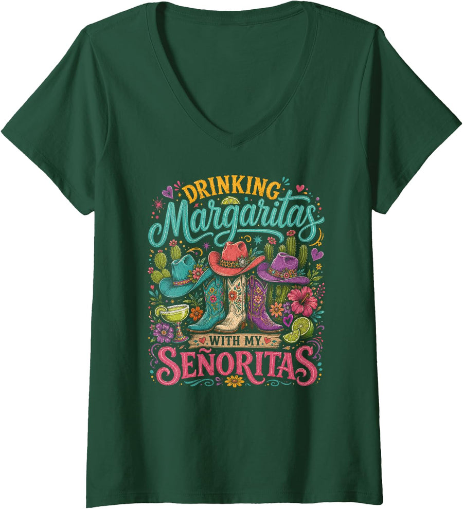 Women's Drinking Margaritas with My Senoritas V-Neck T-Shirt - Dark Green