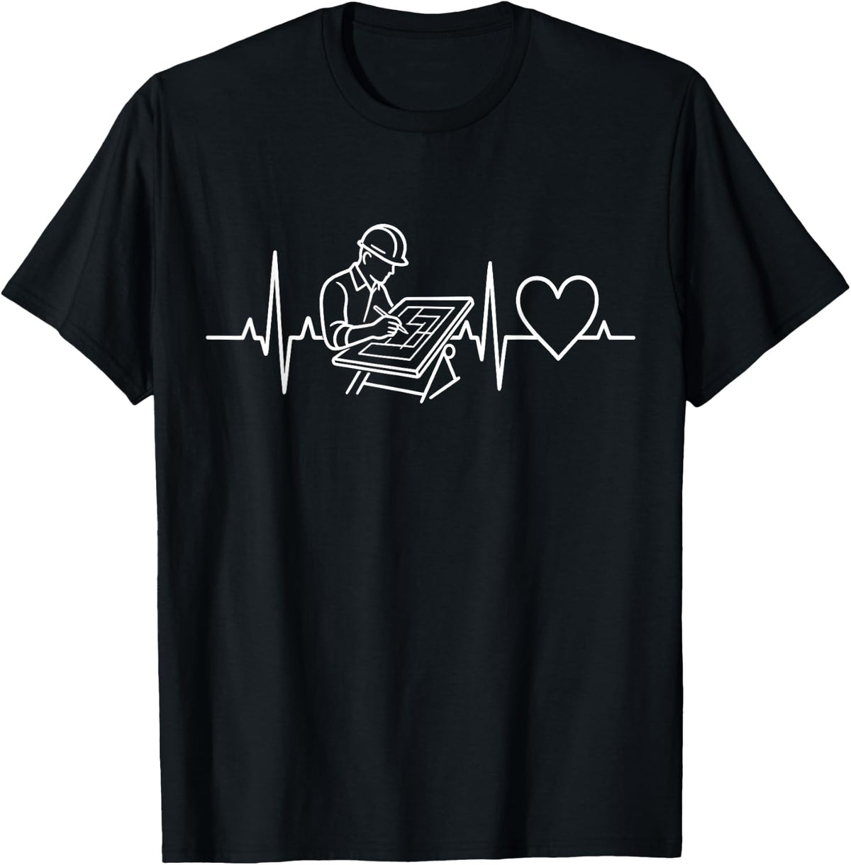 Civil Engineer Heartbeat Architect Drafting Line Art T-Shirt - Black