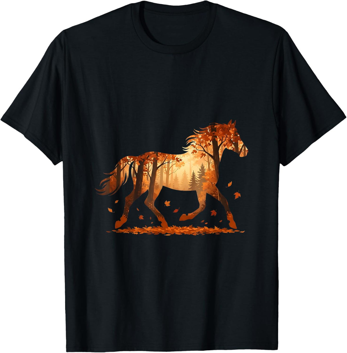 Autumn Horse Silhouette Sunset Woodland Forest T-Shirt - Black