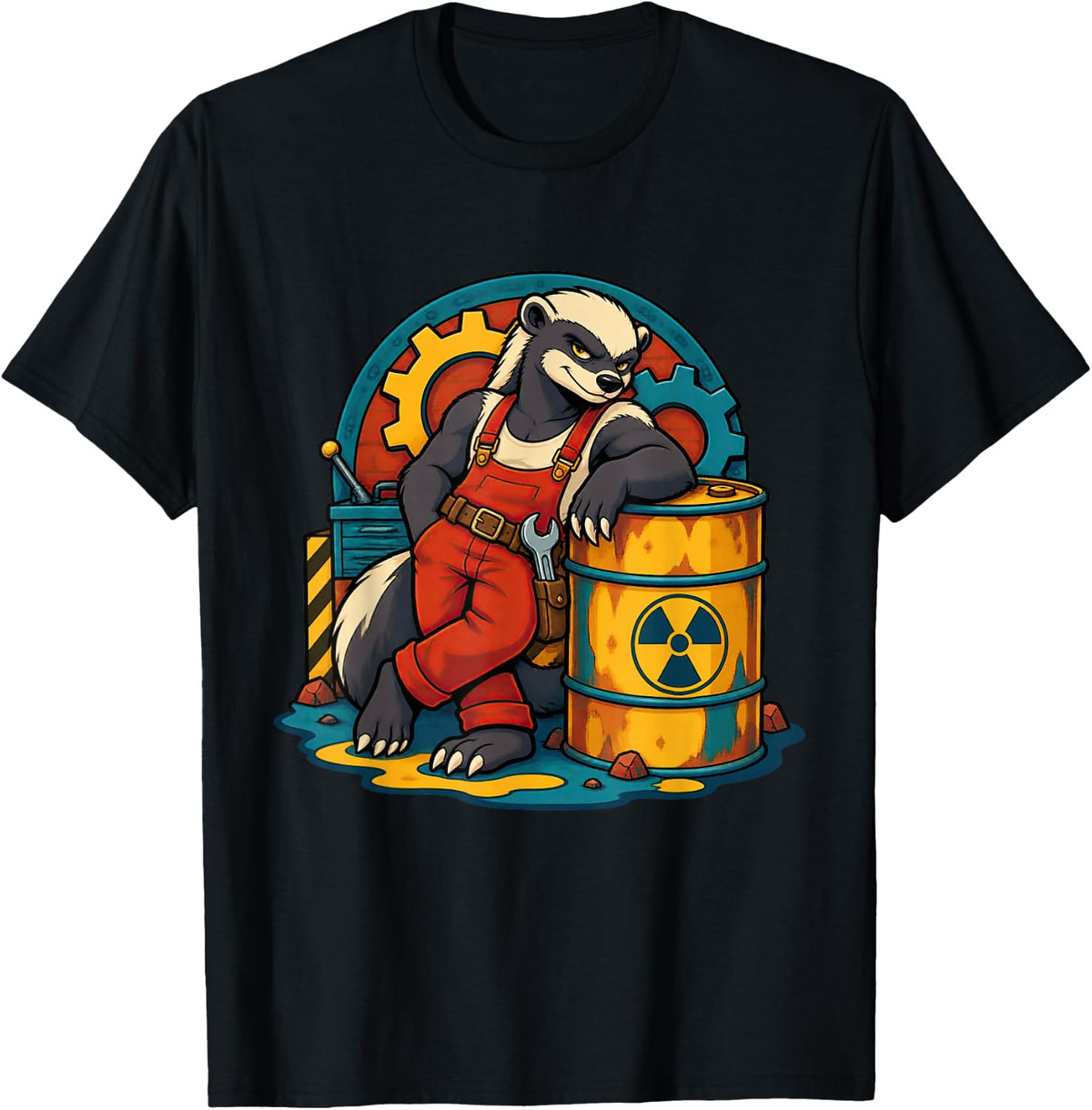 Bold Honey Badger Leans Against Radioactive Comic Barrel T-Shirt - Black