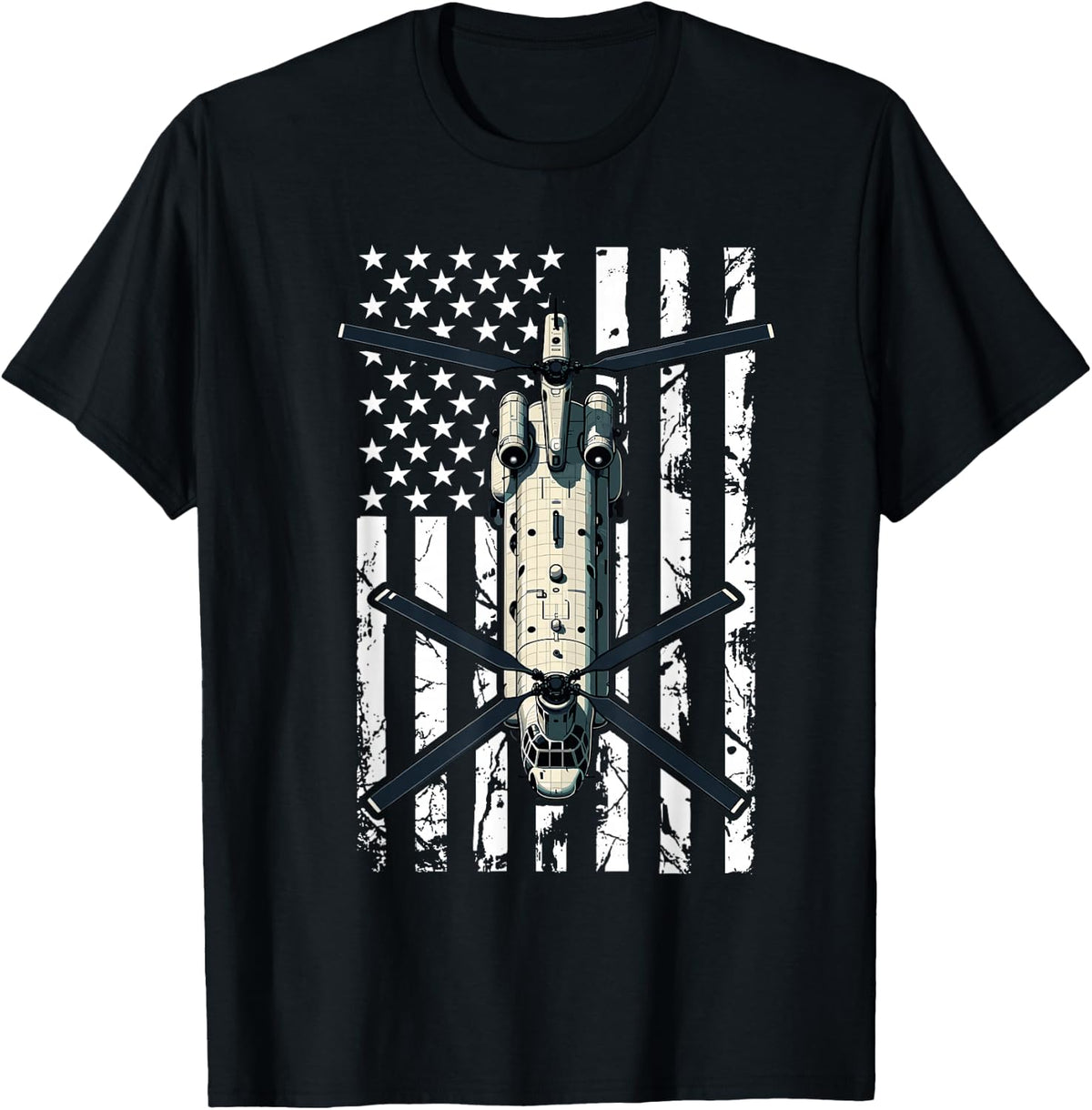 CH 47 Chinook Helicopter Pilot USA Flag Retired Veteran T-Shirt Tee for Aviation Enthusiasts - Black