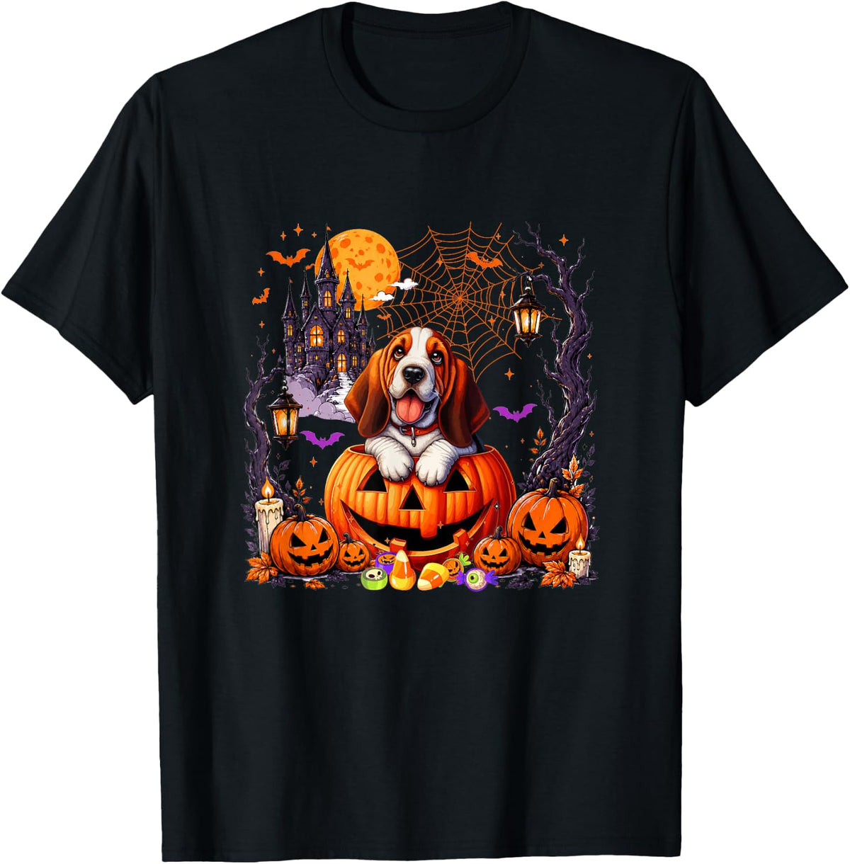 Basset Hound Inside Horror Carved Pumpkins Halloween Owner T-Shirt - Black