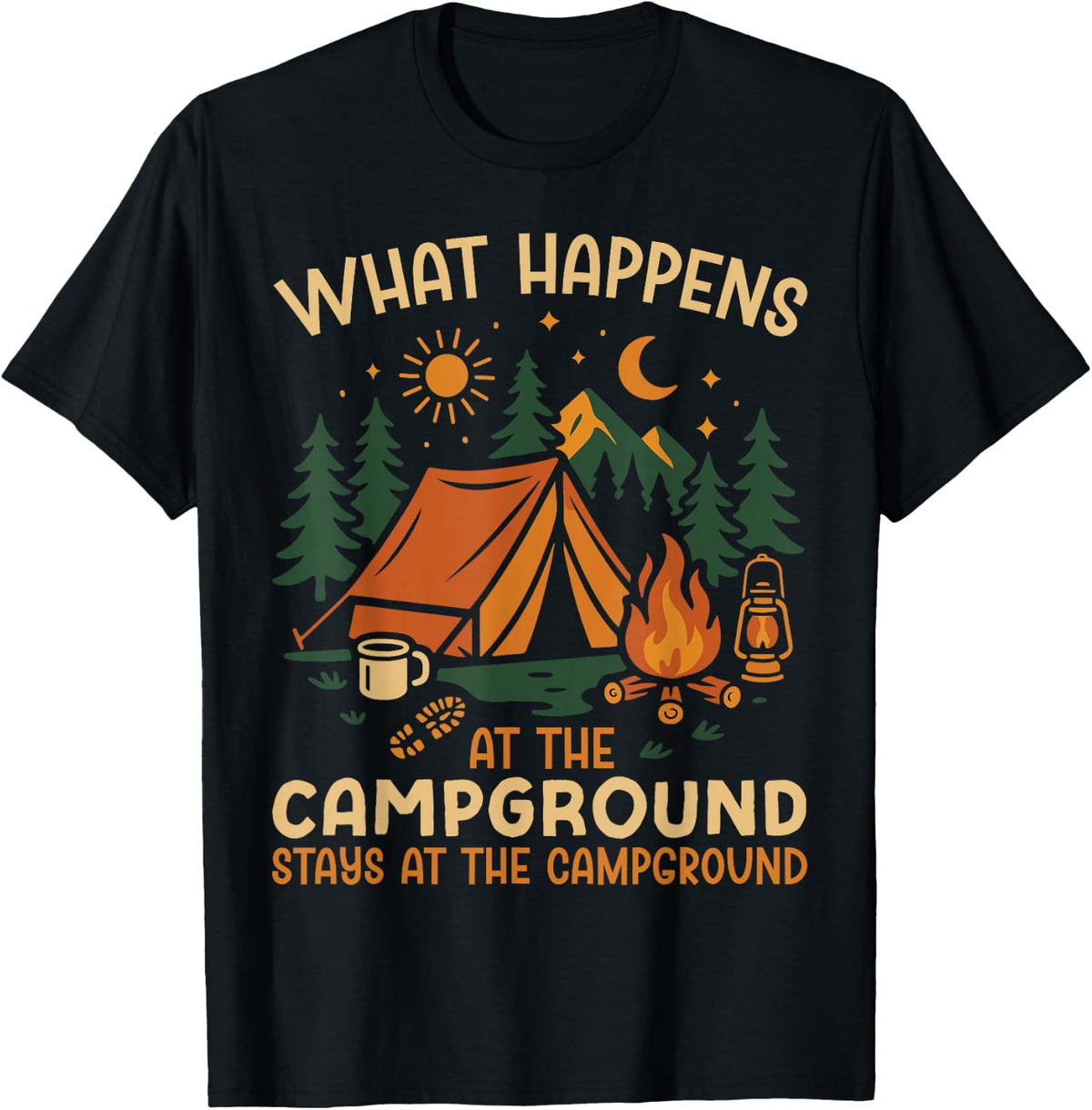 Tent Camping Vintage What Happens At The Campground Stays At Funny Camping T Shirt Tee - Black
