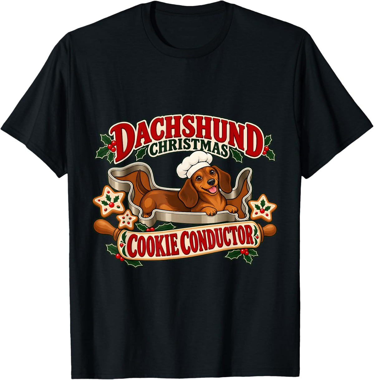 Dachshund Christmas Cookie Conductor Holiday Dog T-Shirt - Black