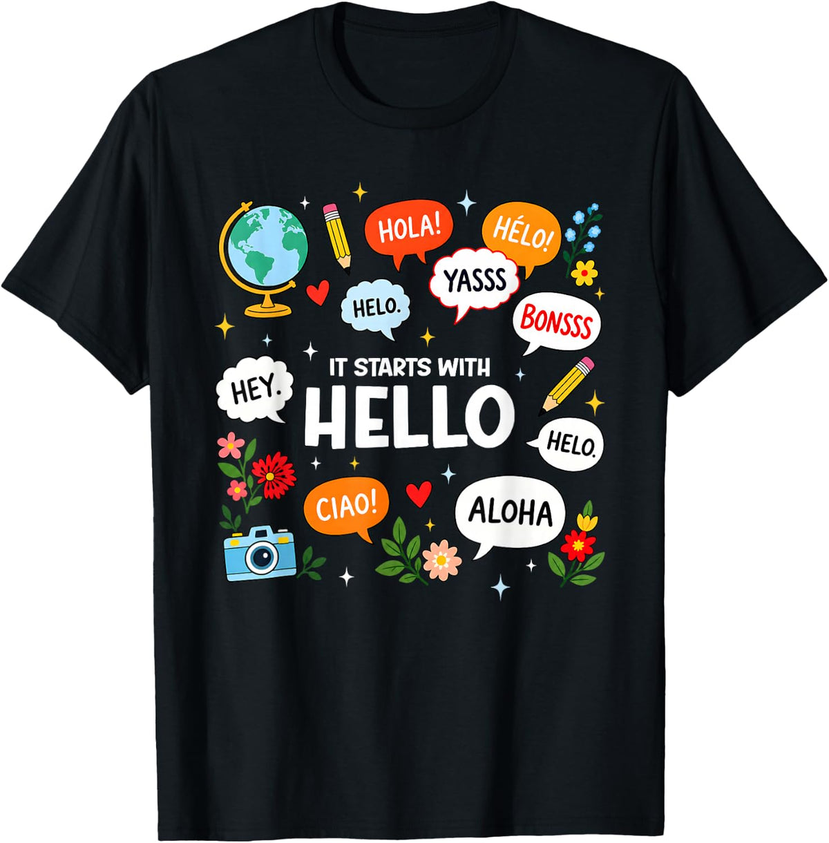 It Starts with Hello Friend Inclusion Language SLP Teacher T-Shirt - Black