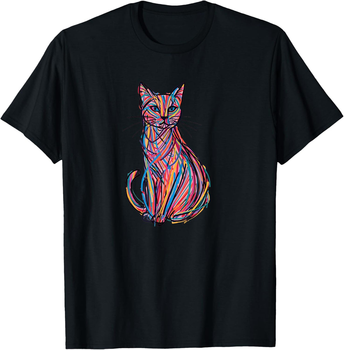 Scribble Cat Abstract Sketch Minimalist Cat Art T-Shirt - Black