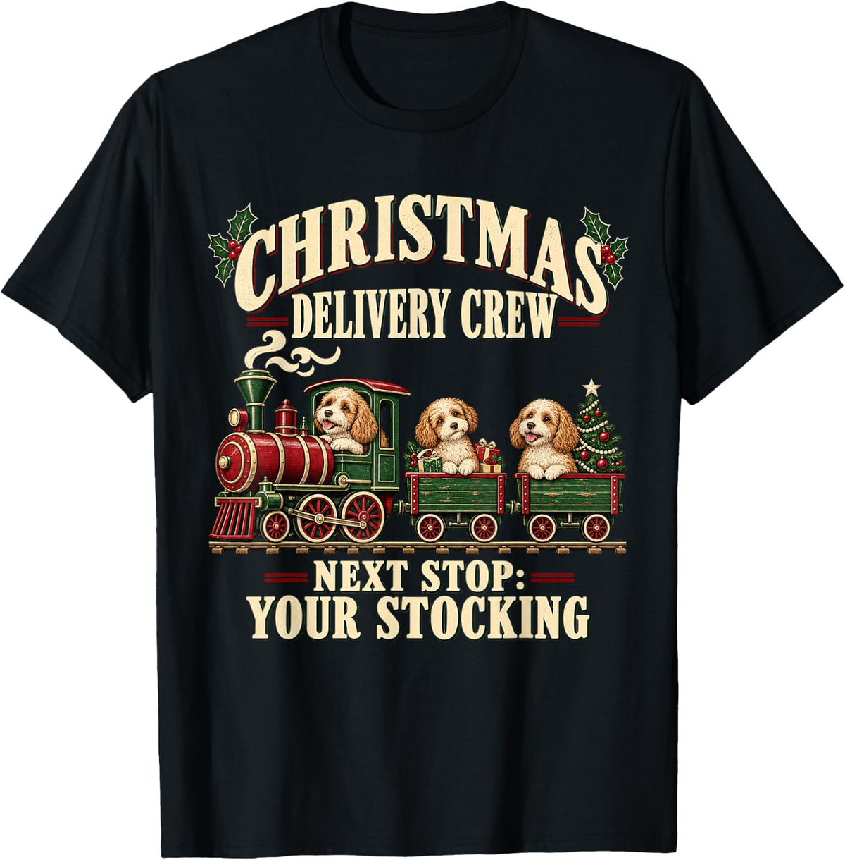 Cavapoo Dog Retro Christmas Train T-Shirt - Black