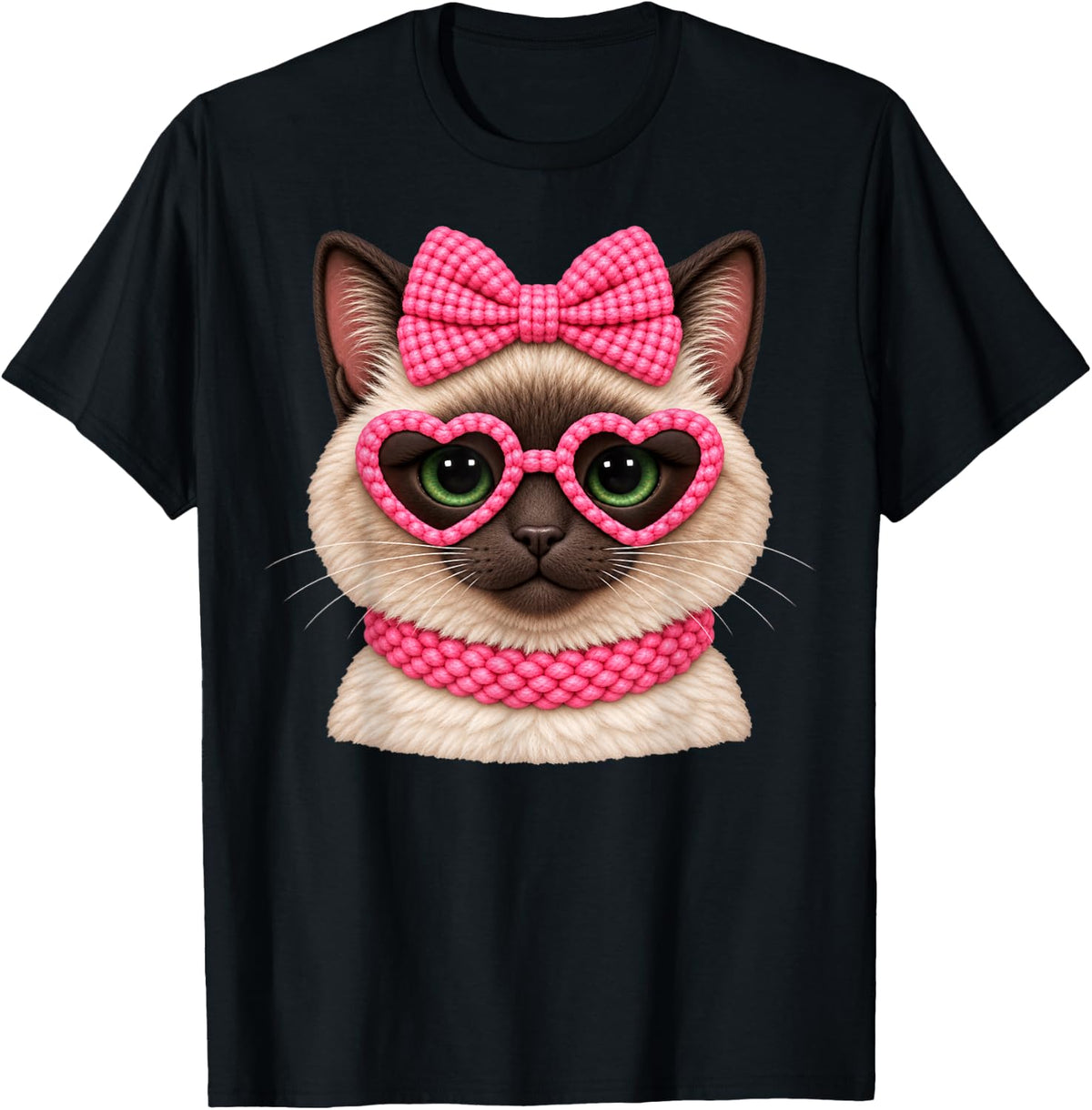 Siamese Cat Pink Bow Heart Sunglasses Cute Feline Love T-Shirt - Black