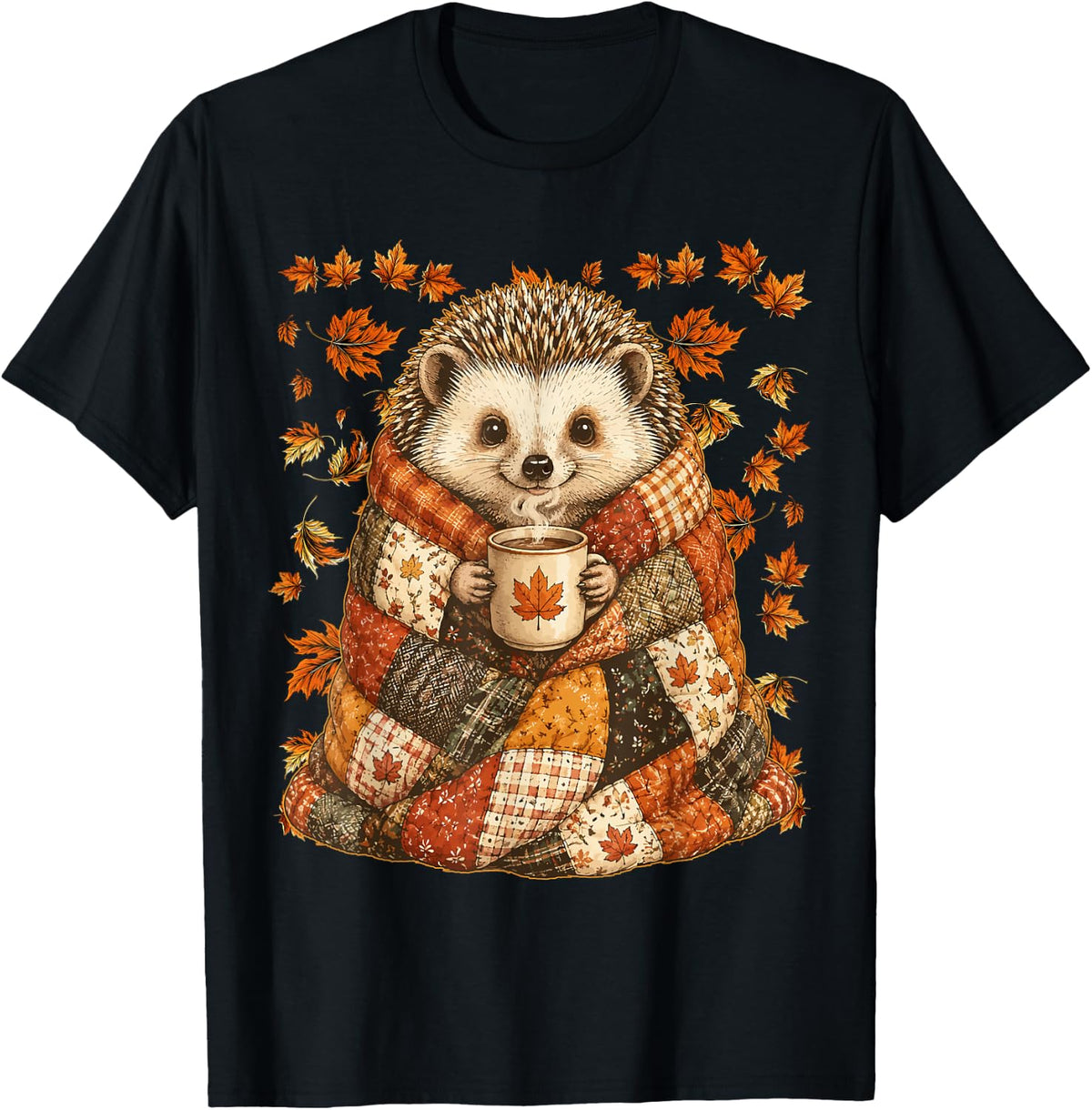 Cute Hedgehog with Maple Leaves Cozy Autumn Animal Fall Art T-Shirt - Black
