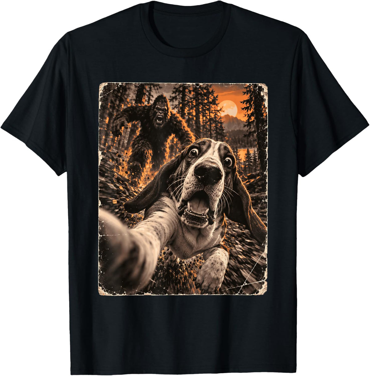 Basset Hound Selfie Running from Bigfoot Funny Forest T-Shirt - Black