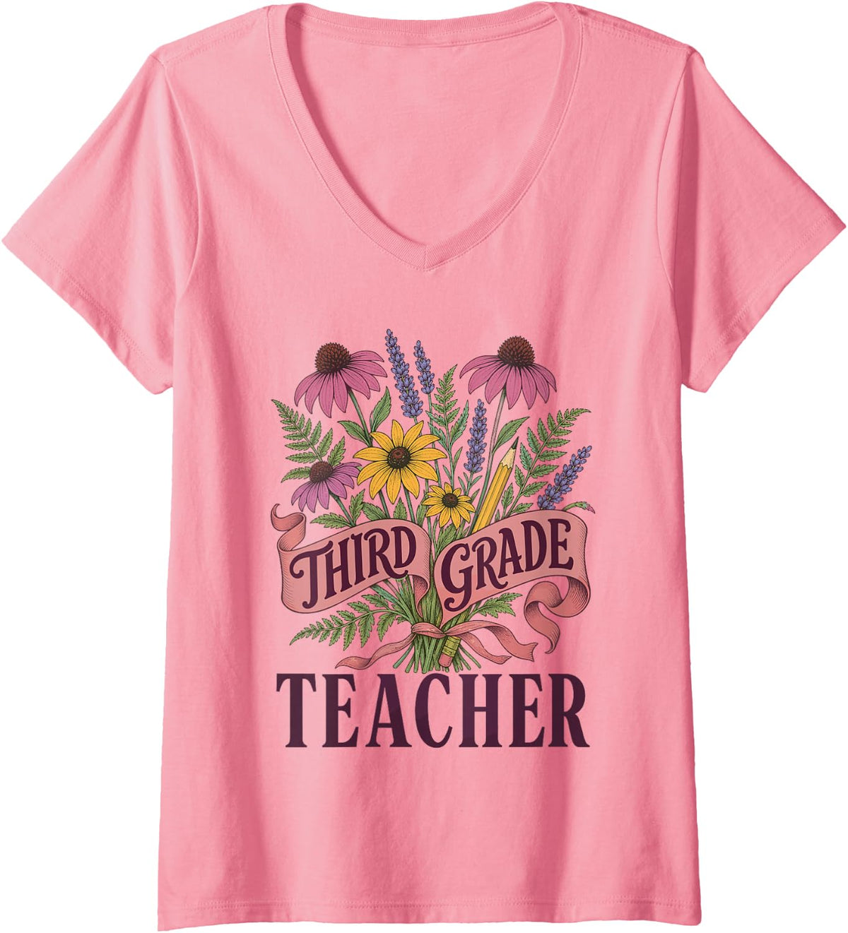 Women's Third Grade Teacher Wildflower Script V-Neck T-Shirt - Pink