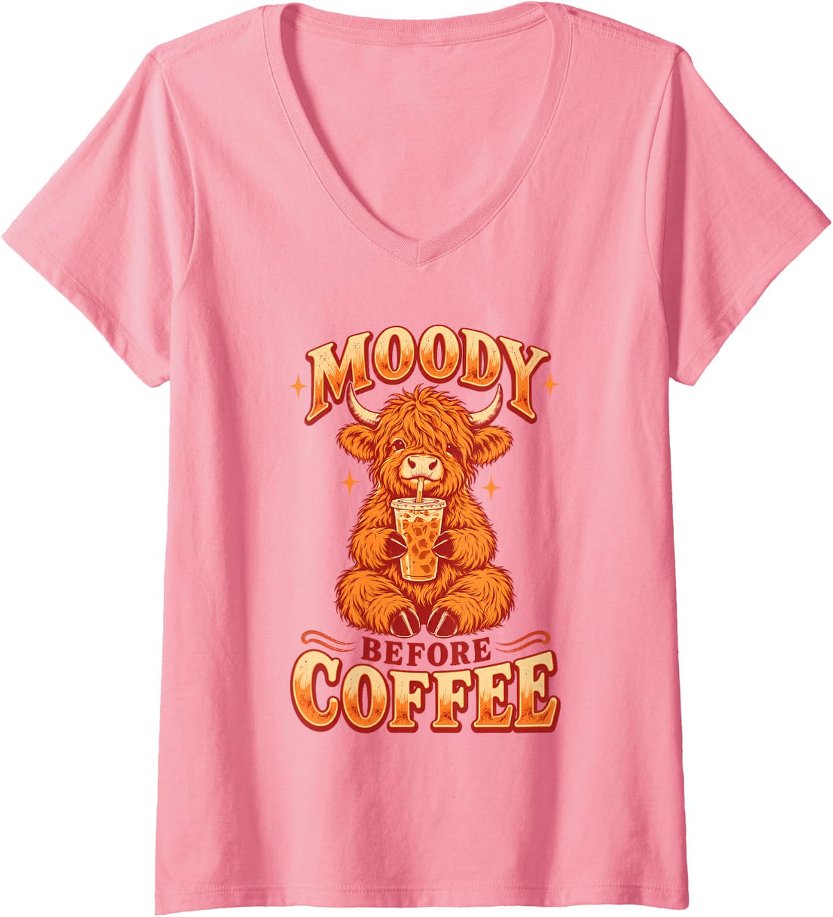 Women's Highland Cow Moody Before Iced Coffee, Funny Cow Lover Women V-Neck T-Shirt - Pink
