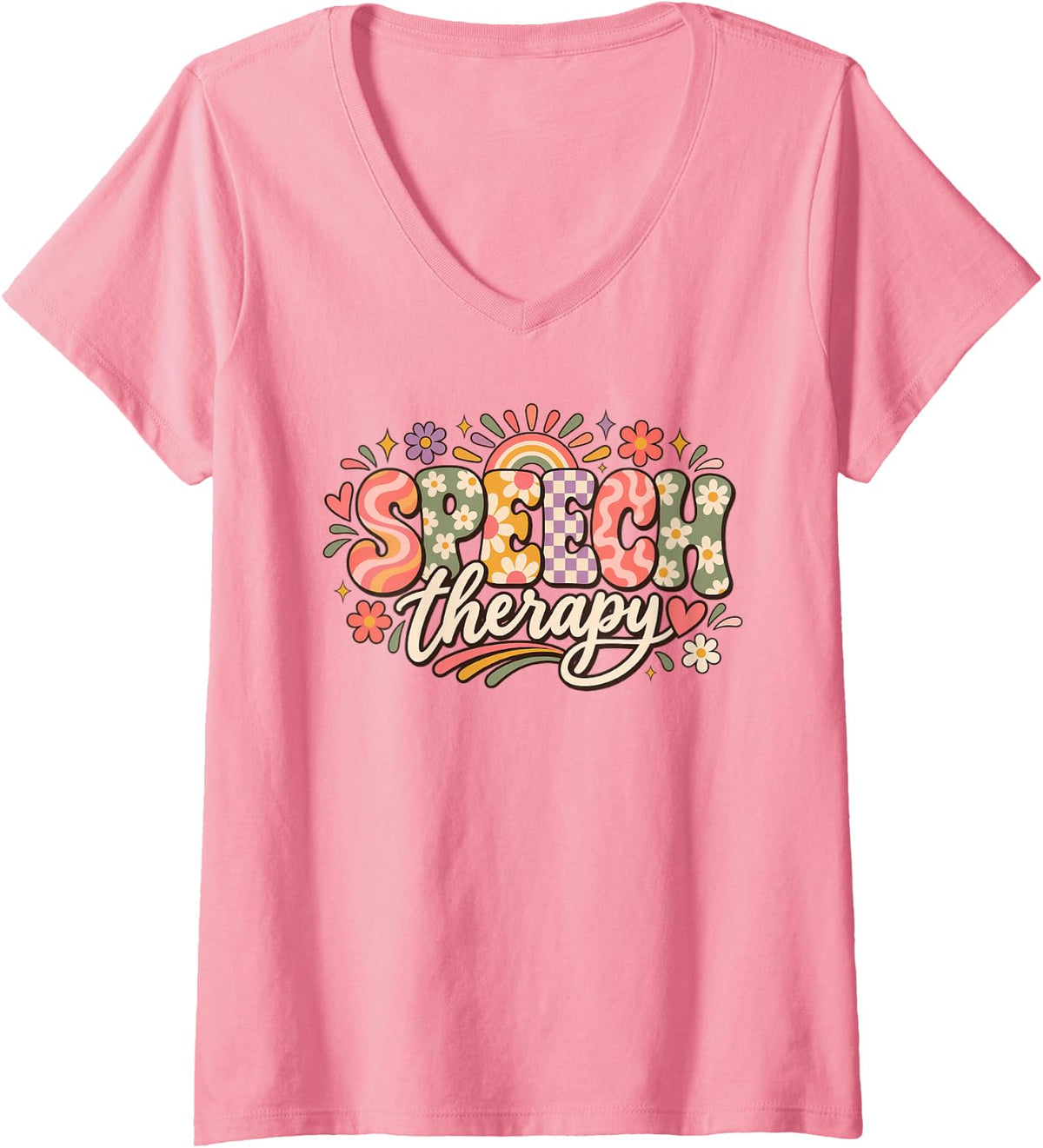Women's Speech Therapy Speech Language Pathologist SLP Floral V-Neck T-Shirt - Pink