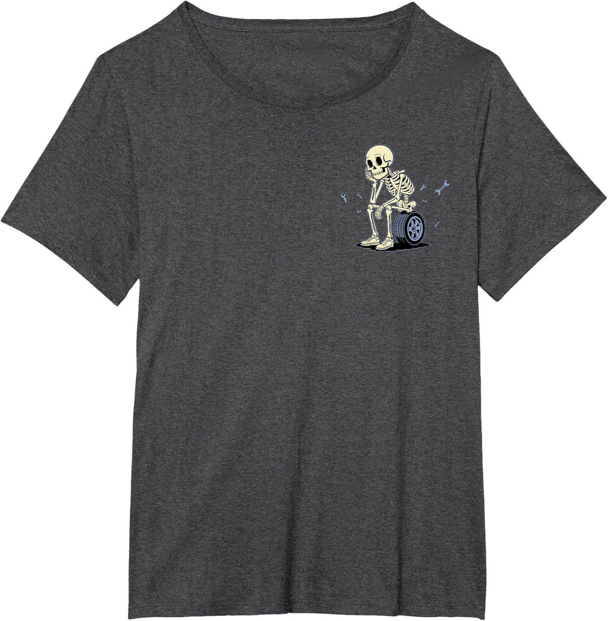 Waiting On Parts Funny Skeleton Auto Mechanic (2 Sided) T-Shirt - Dark Heather Grey