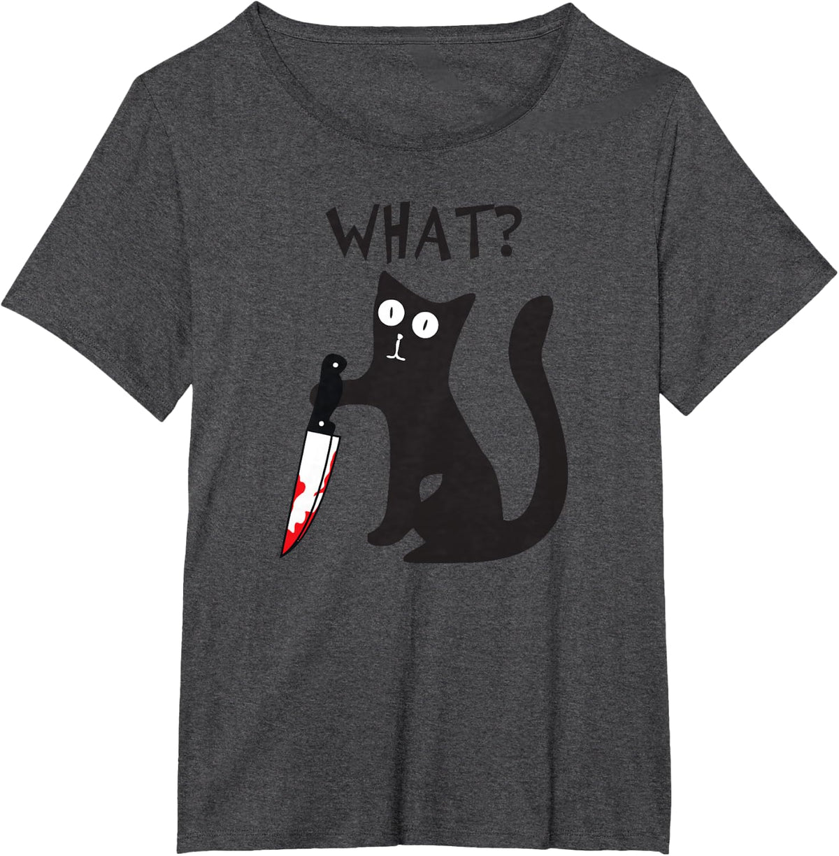 Cat What? Funny Black Cat Murderous Cat With Knife Halloween T-Shirt - Dark Heather Grey