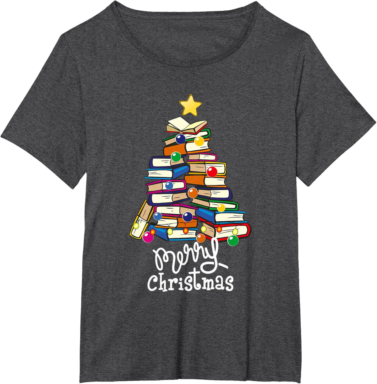 Merry Christmas Tree Love Reading Books Librarian Nerd T-Shirt - Dark Heather Grey