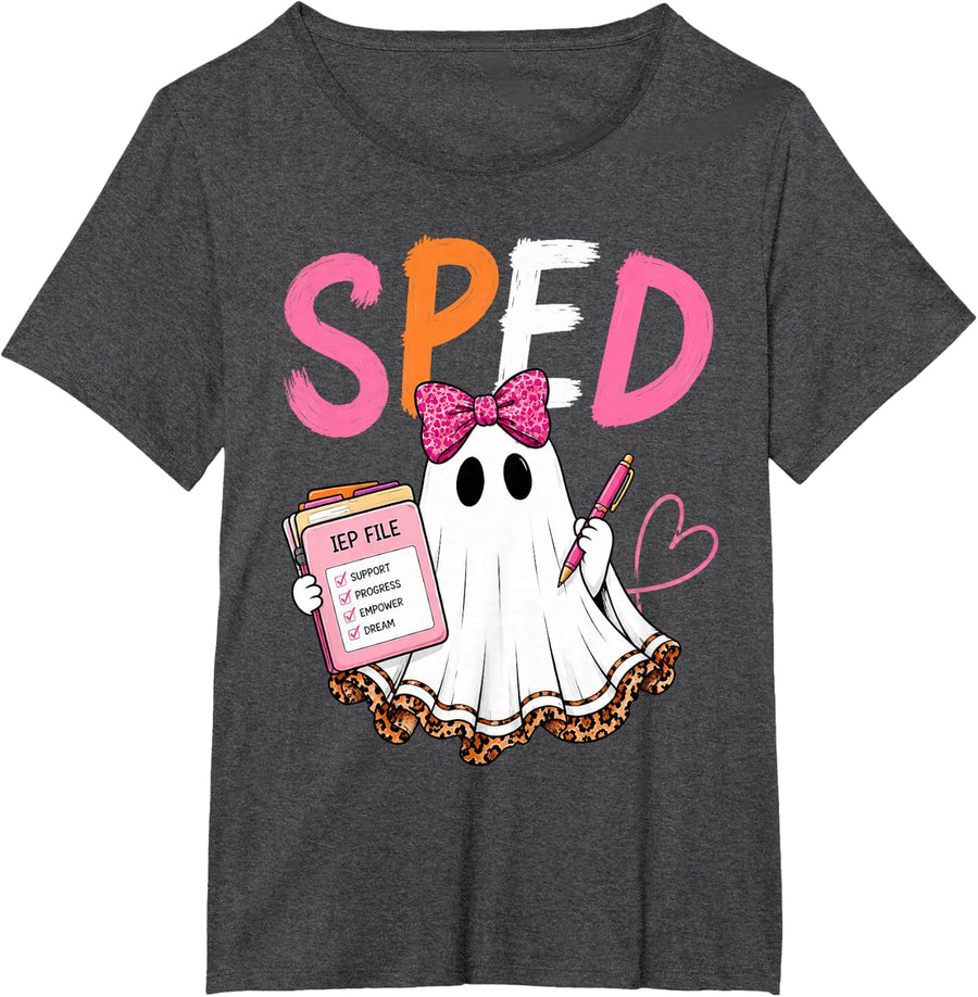 Spooky Special Education Preppy Fall Halloween Ghost SPED T-Shirt - Dark Heather Grey